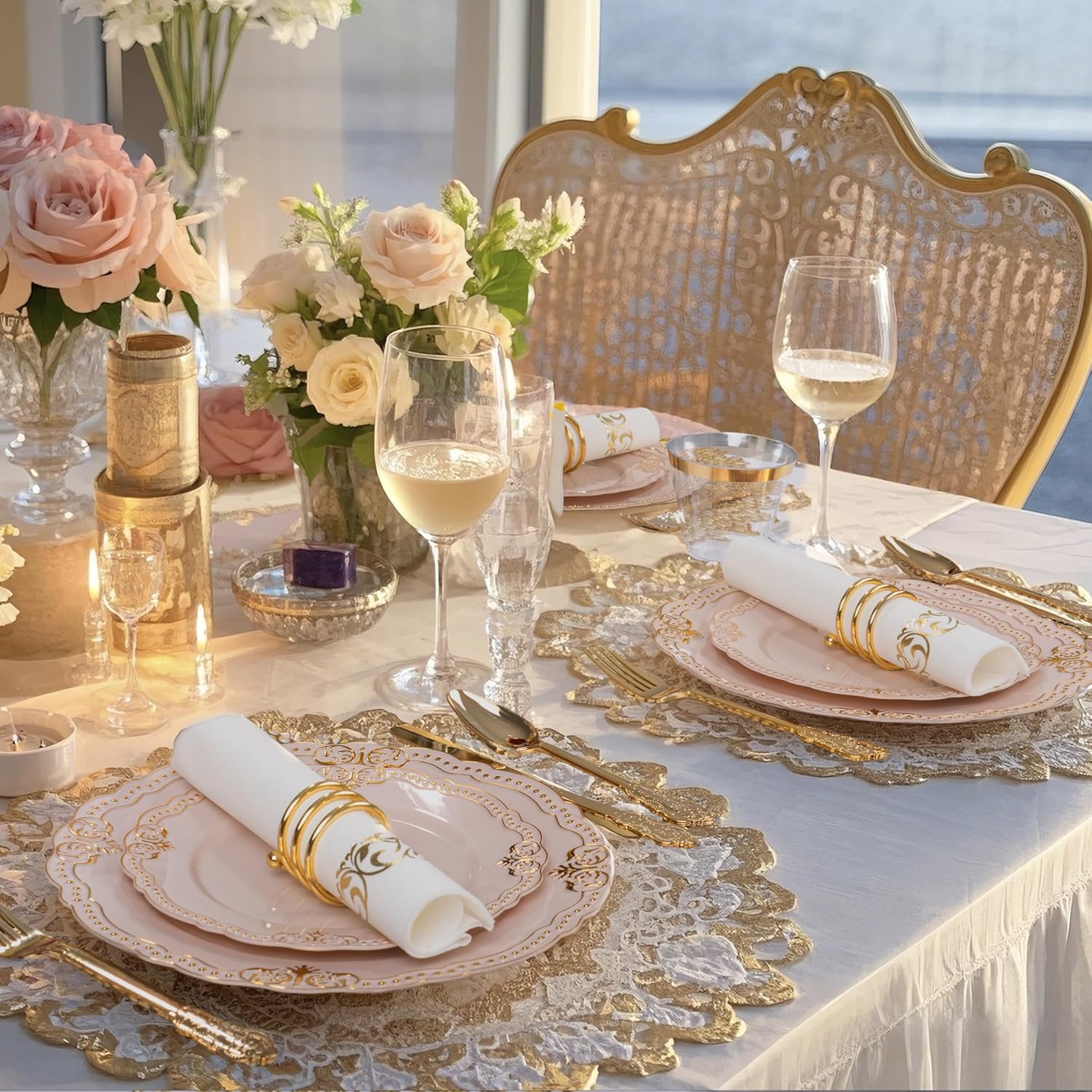 Ciaell 175 PCS Pink and Gold Plastic Plates - Fancy Gold Disposable Dinnerware Set with of 50 Plates, 25 Knives, 25 Forks, 25 Spoons, 25 Cups, 25 Napkins for Party & Weddings & Valentine's Day - Image 9