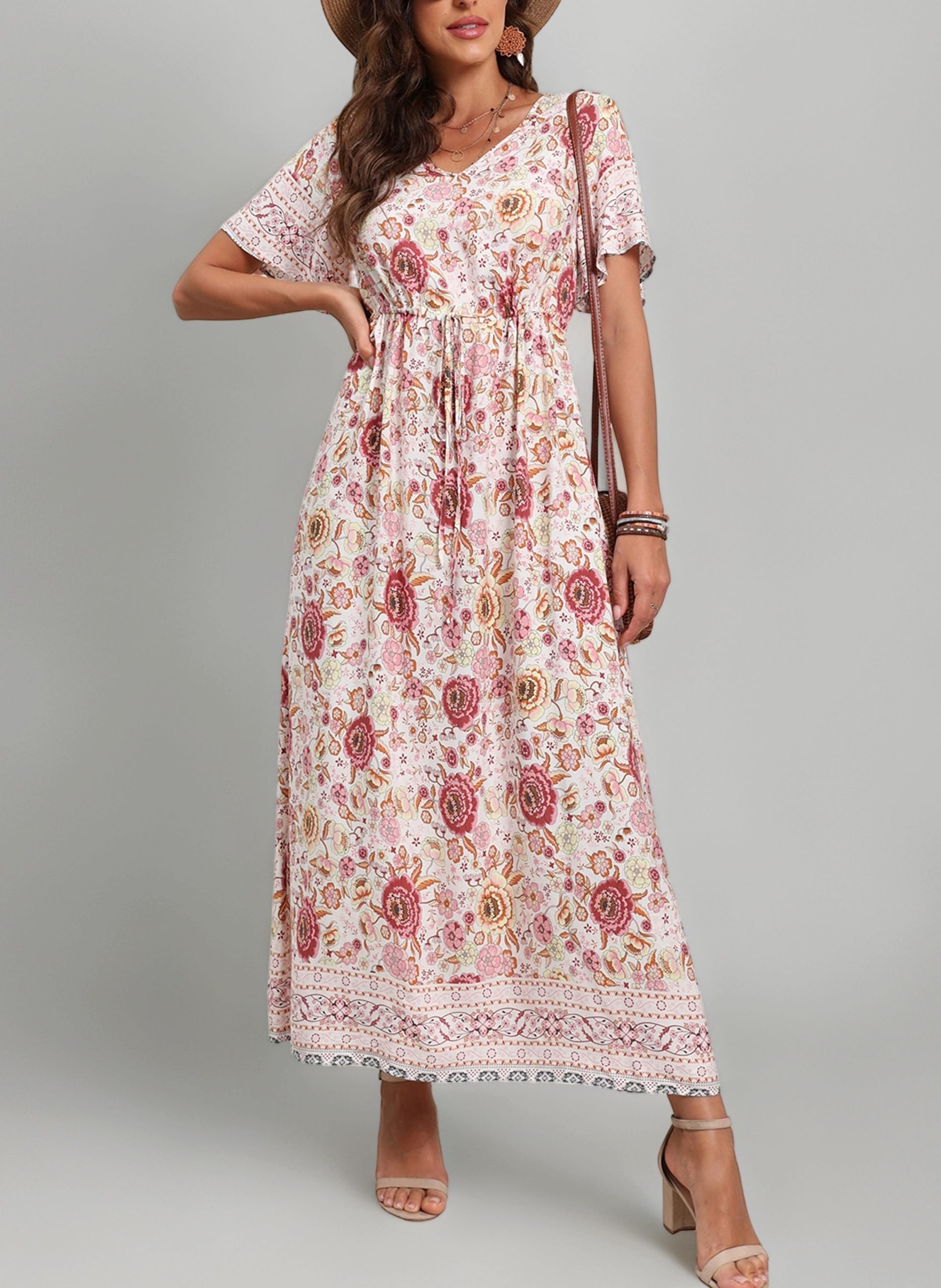 GRECERELLE Womens Summer Maxi Boho Beach Dress Floral Print Dress V Neck Short Sleeve Drawstring High Waist Flowy Long Midi Dresses