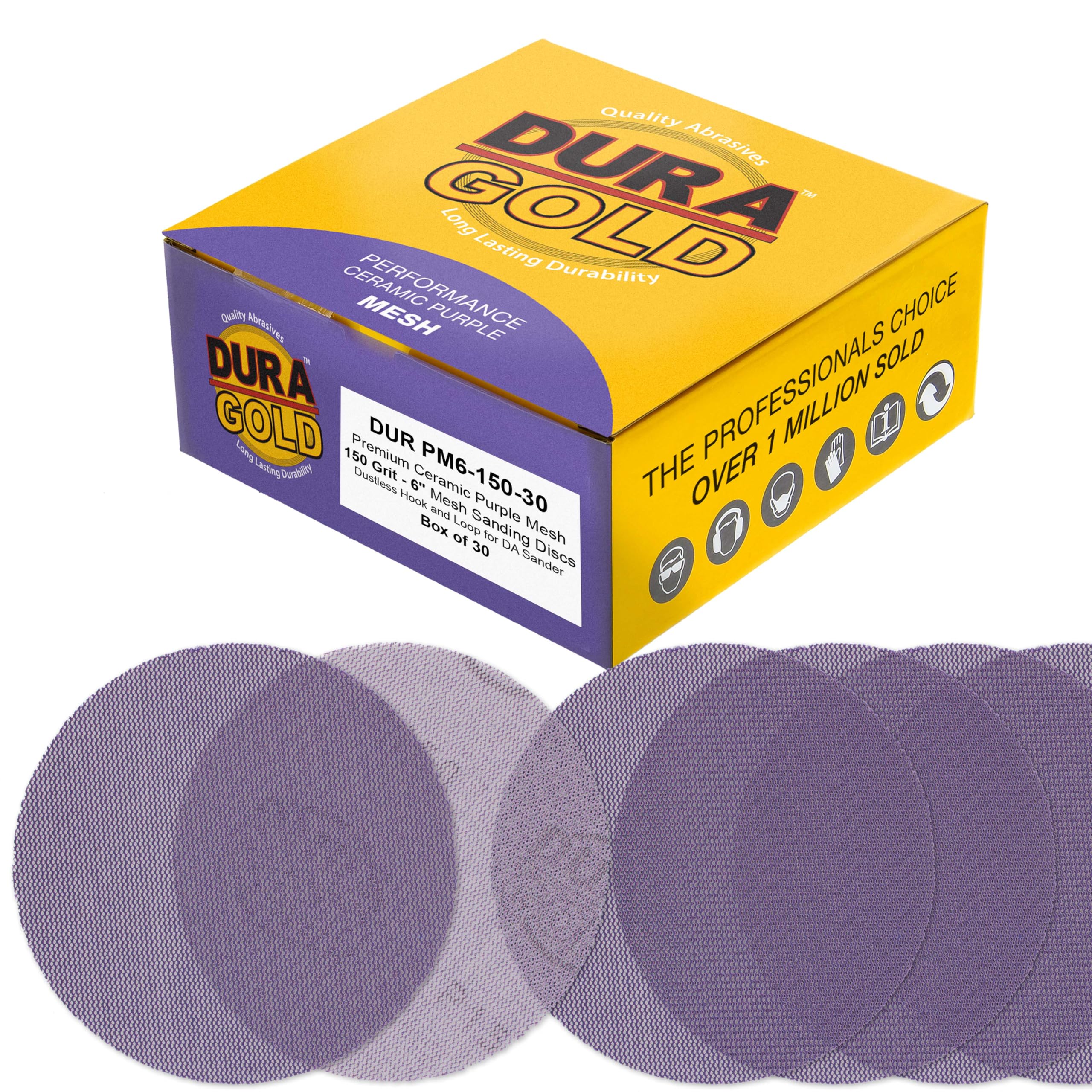 Dura-Gold Discos de lijado de malla de cerámica morada de grano 150 de 6 pulgadas, caja de 30 – Papel de lija sin polvo para lijadoras orbitales DA y aleatorias – Corte rápido de larga duración –