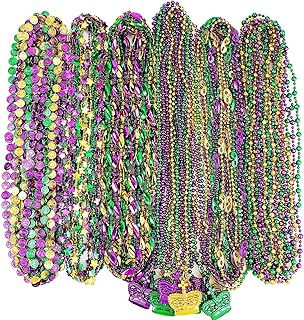 Mardi Gras Beads Necklaces Bulk 33 Inch Multi Colors Necklaces Bundle Mardi Gras Decorations Metallic Bead Necklaces Round Coin Crown Star Mask Beaded Necklaces for Mardi Gras Party Favors (72 Pcs)