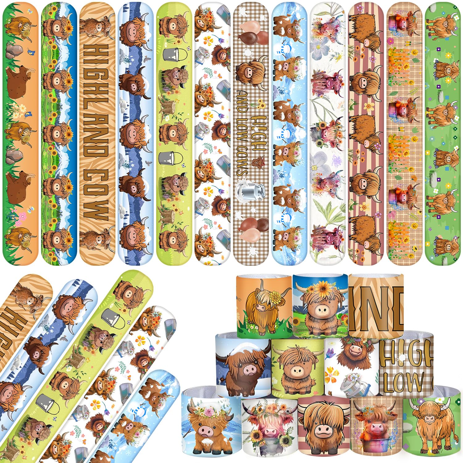48 PCS Highland Cow Slap Bracelets Highland Cow Party Favors Cartoon Animals Party Wristbands for Kids Boys Girls Cow Baby Shower Party Supplies