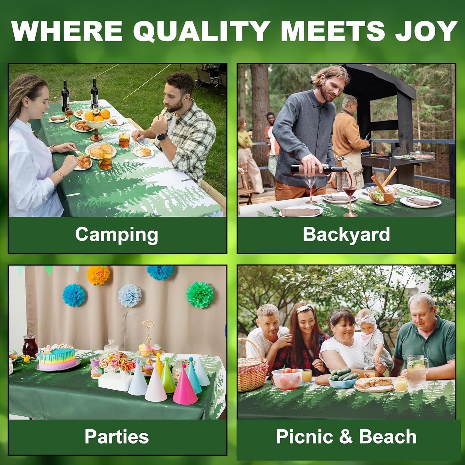 Extra Thick Camping Tablecloth with Clips & Storage Bag, Picnic Tablecloth, Fits 4ft to 8ft Picnic Tables, Polyester, Washable, Spill & Stain Resistant, Water Repellent - Green Pines