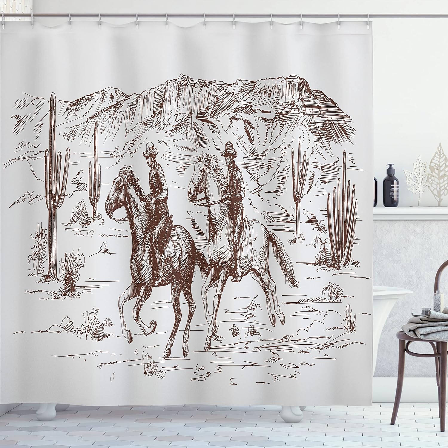 Ambesonne Western Shower Curtain, Country Theme Hand Drawn Illustration of American Wild West Desert with Cowboys, Cloth Fabric Bathroom Decor Set with Hooks, 69" W x 84" L, Umber Pearl