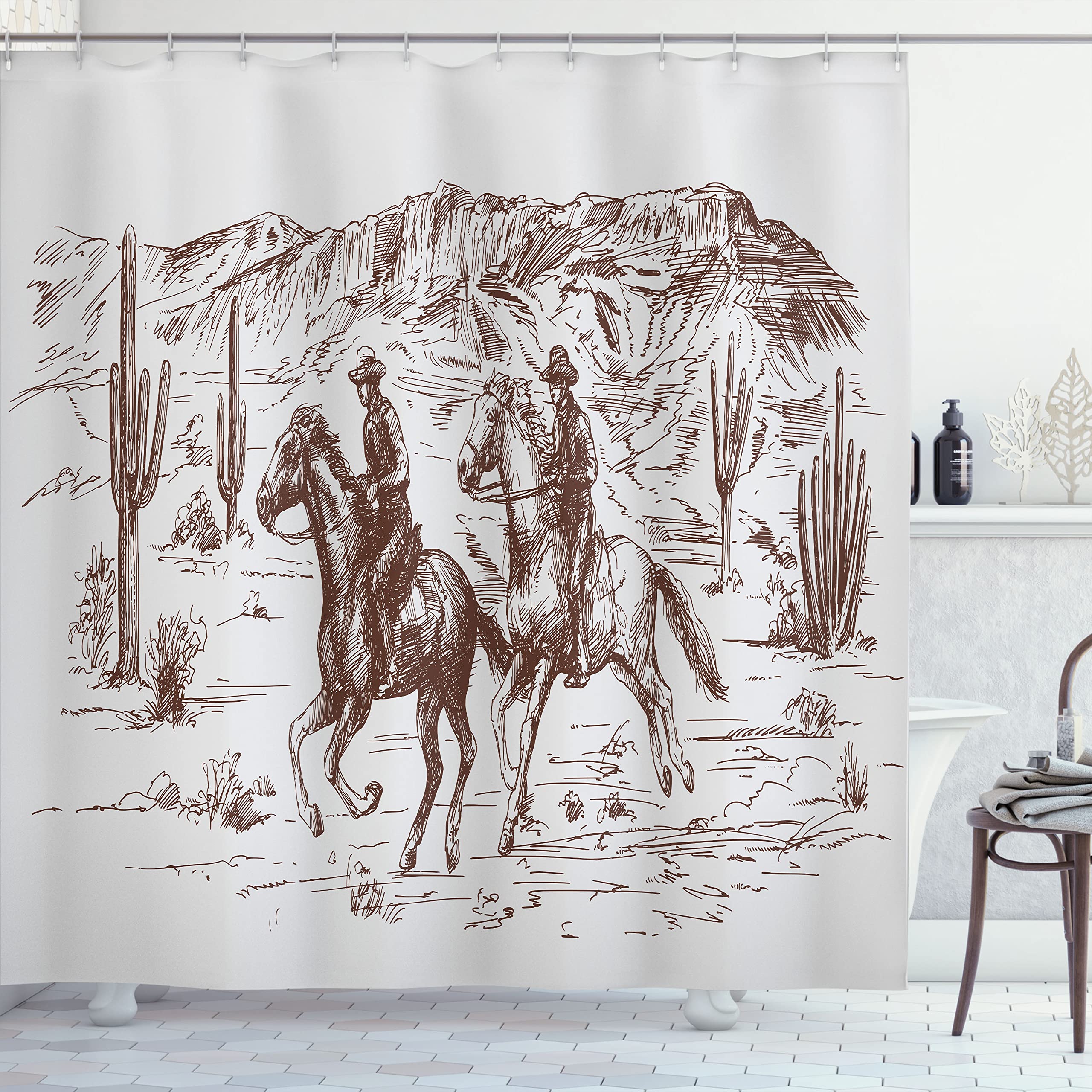 Ambesonne Western Shower Curtain, Country Theme Hand Drawn Illustration of American Wild West Desert with Cowboys, Cloth Fabric Bathroom Decor Set with Hooks, 69
