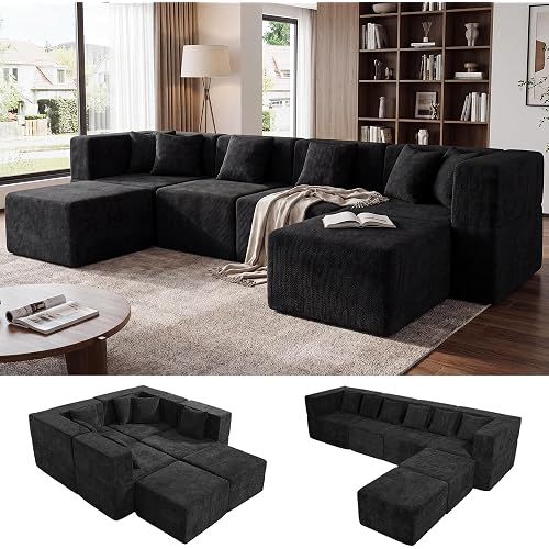 MONVANE U Shaped Boneless Sectional Couch Oversized, Chenille, Black