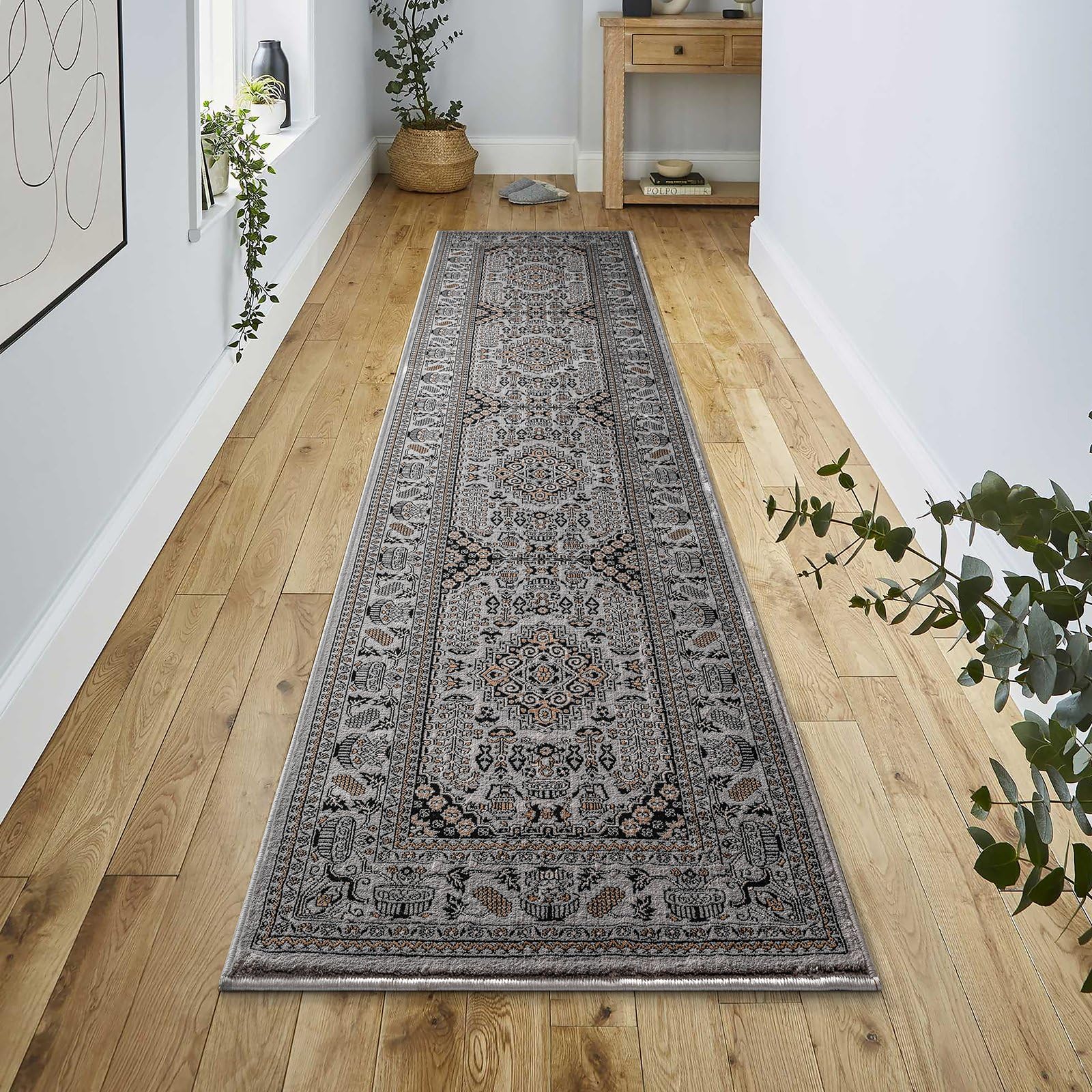 renoazul® Jute Back Extra Long Runner Rugs For Hallway - Zinat Turkish Grey Rug, 80 x 300 cm - Washable Carpet For Kitchen and Hall Runner