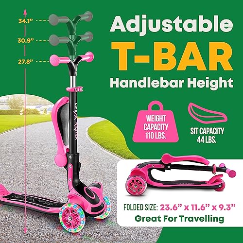 Miniatura 2 de Scooter para niños, asiento plegable, luces LED de rueda que se iluminan al rodar, scooter de 3 ruedas para niños y niños pequeños, manubrio