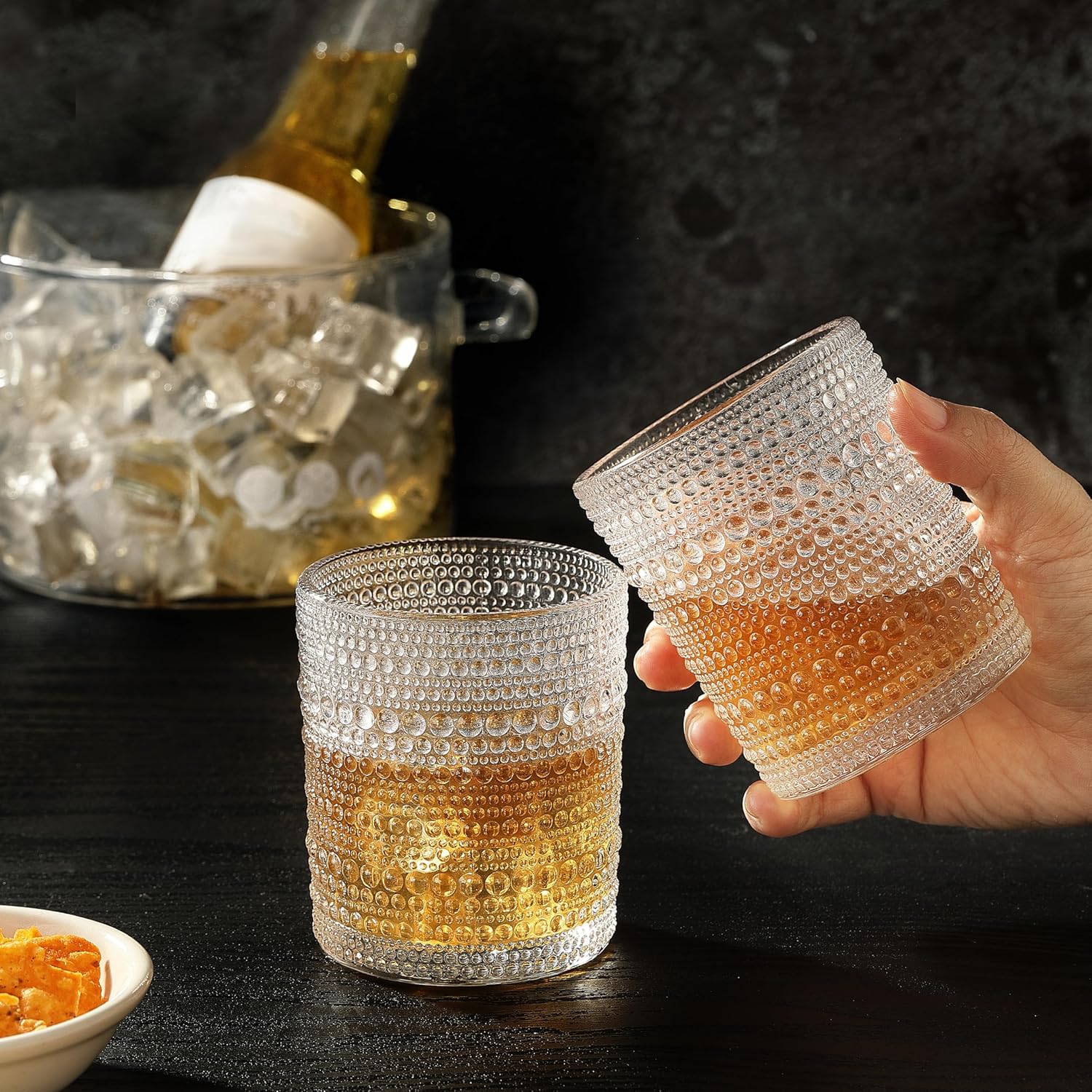Cocktail Glasses 10 oz Set of 2, Glass Hobnail Drinking Glasses, Vintage Glassware Textured Bubble Glass Cups, Old Fashioned Glasses for Kitchen and Home Bar - Image 4