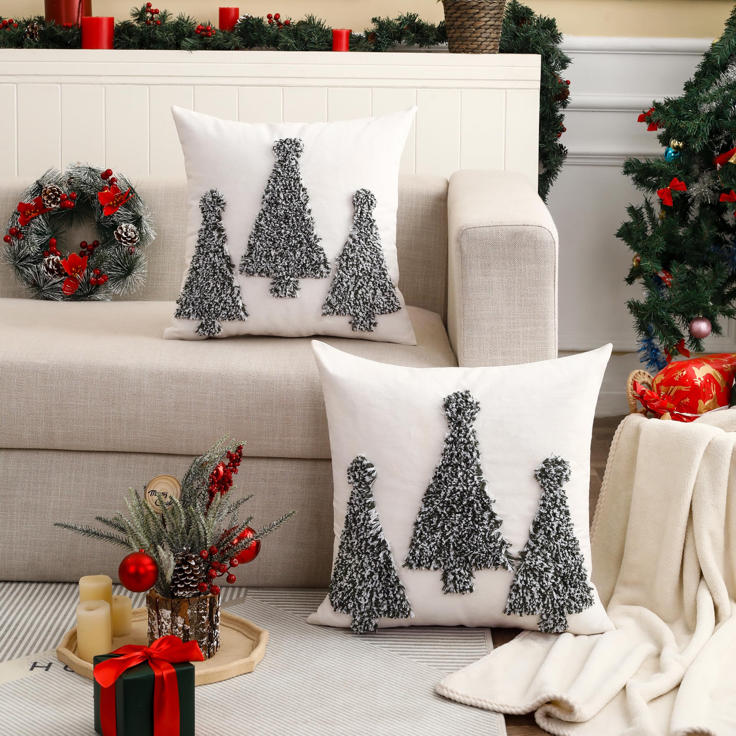 Tosleo Winter Pillow Covers Three Green Christmas Trees Set of 2 Throw Pillow Cover Cotton 20 x 20 Inch Party Decorations Winter Holiday Soft Cushion Case for Sofa Couch Bed Living Room - Image 3
