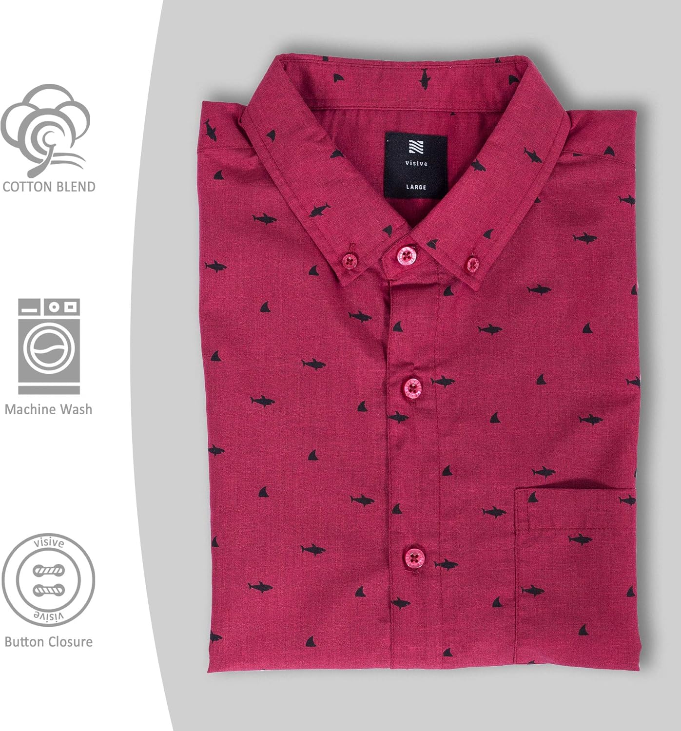 Visive Men’s Short Sleeve Button Up or Button Down Shark Shirt – Black Red Grey Charcoal Navy with Funny Shark Print – Casual Collared Vacation Top – Stretch Fabric – Big & Tall Sizes - Image 4