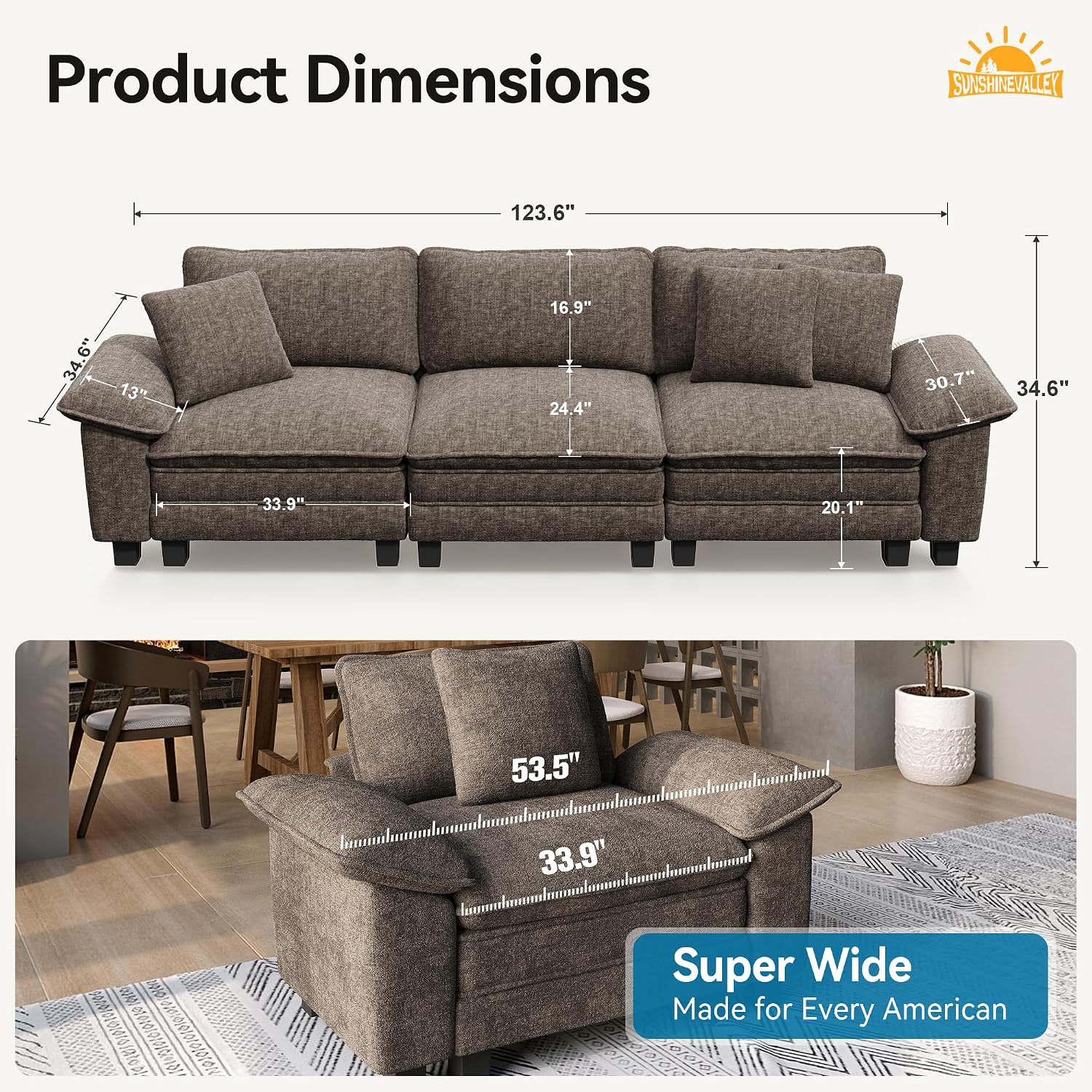 SUNSHINE VALLEY 3 Seat Modular Sofa, 123.6'' Oversized Modern Chenille Sectional Couch with Wider Armrest and Pillow, Upholstered Cloud Deep Seat Sofa for Living Room, Taupe Gray
