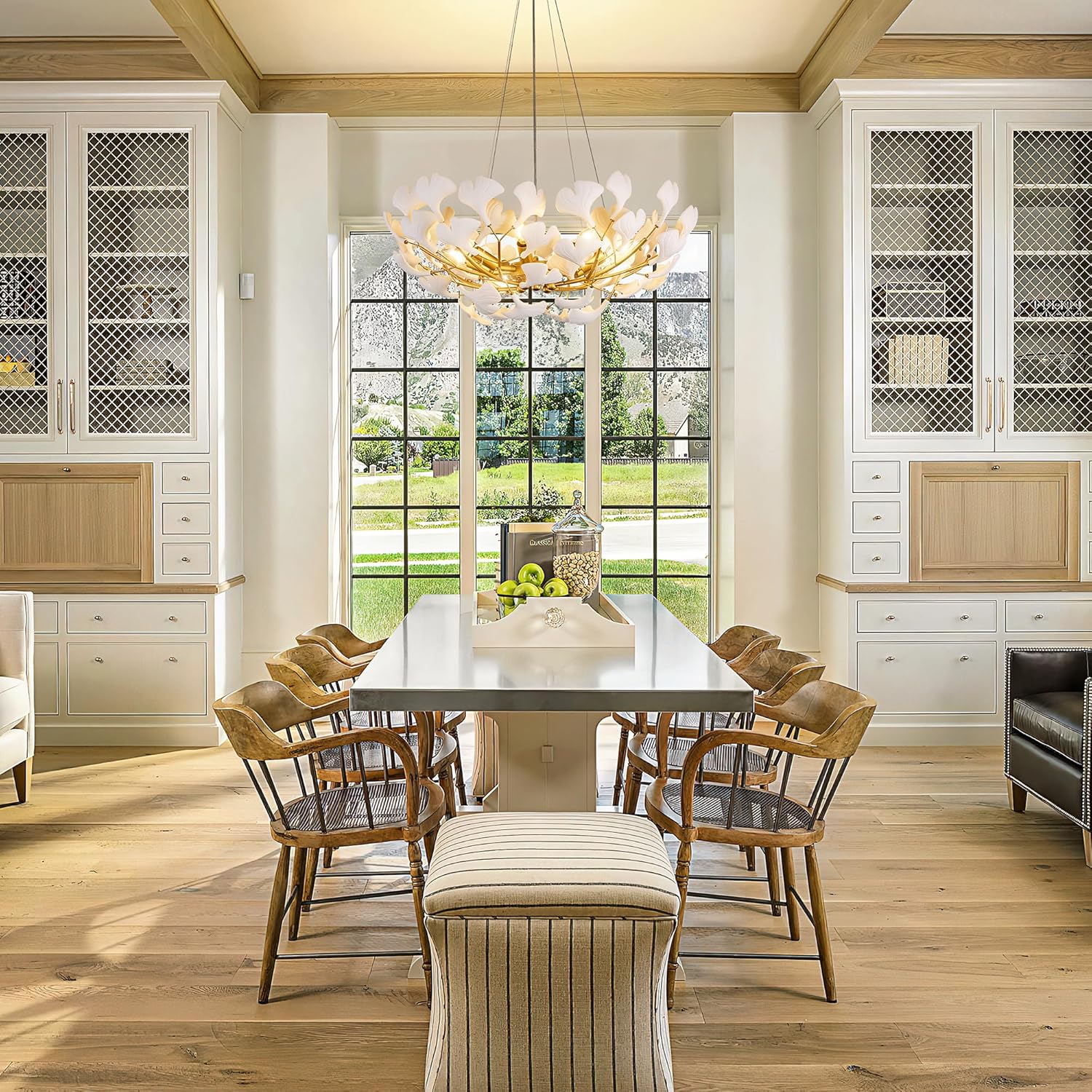 Wellmet Modern Gold Chandelier, 32'' White Ceramic Ginkgo Leaf Tree Branches Chandeliers for Dining Room, Round Lighting Fixture for Living Room Foyer Kitchen Bedroom