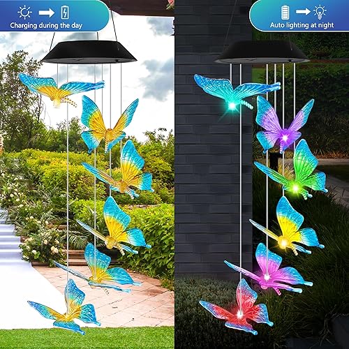 Miniatura 3 de Campanillas de viento solares de mariposa azul, regalos que cambian de color para mujeres, luces solares de mariposa, decoración al aire libre, los