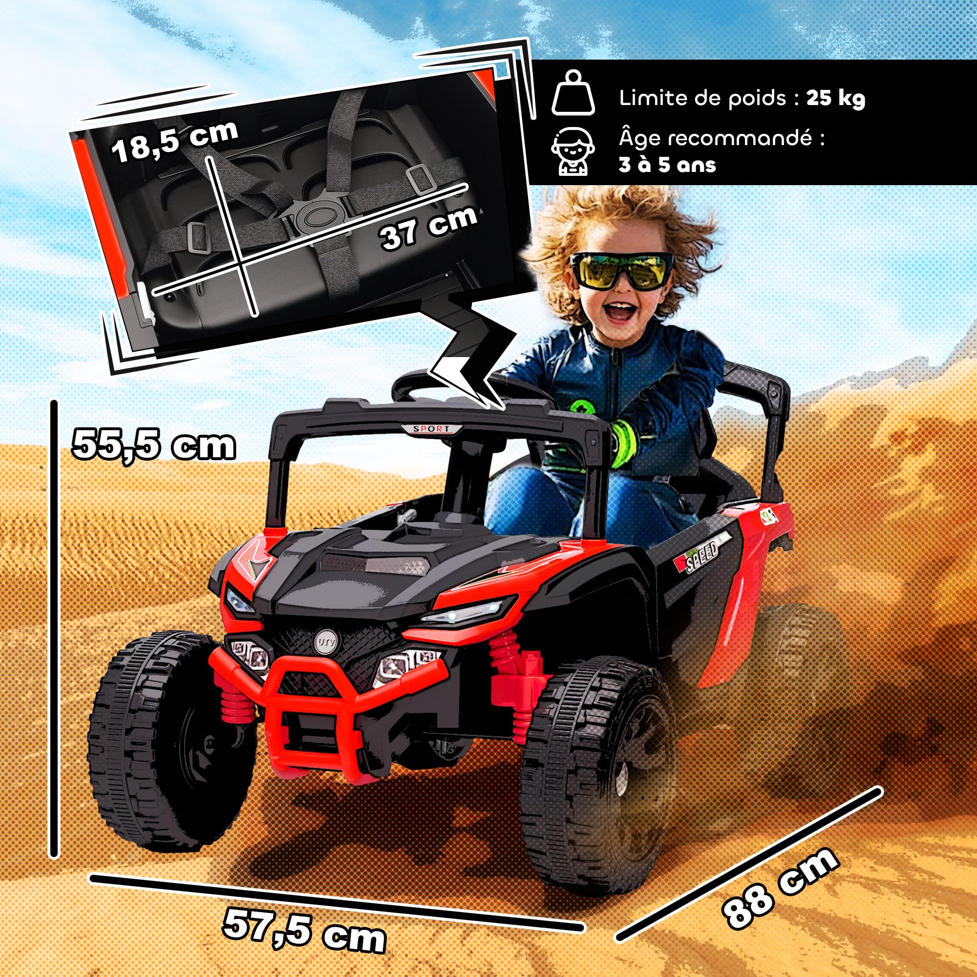 AIYAPLAY Voiture Électrique Enfant UTV, 12 V à 2 Moteurs 3-8 Ans Rouge | Buggy Électrique Enfant, avec Télécommande, Phares LED, Musique et Klaxon