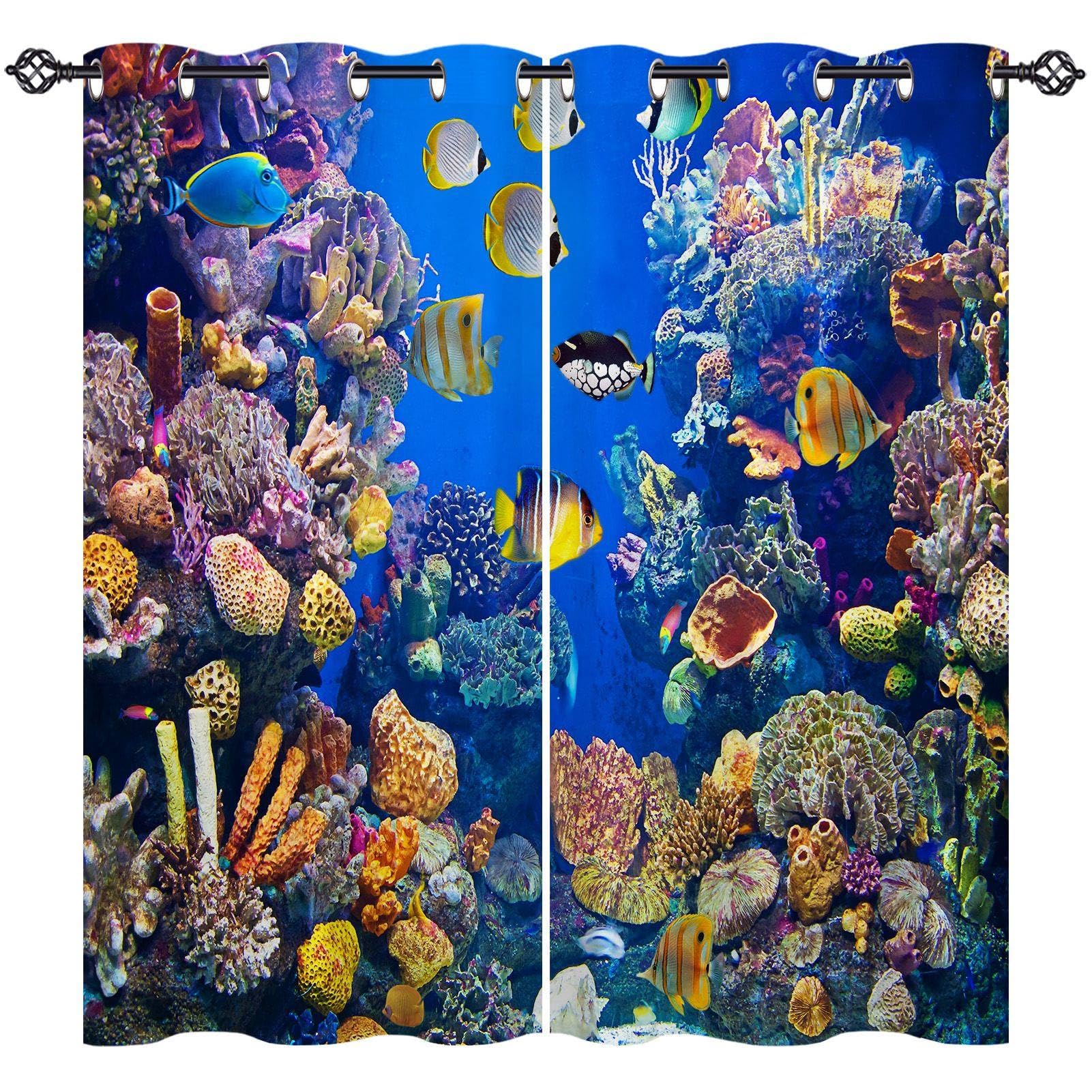 ANHOPE Tropical Fish Curtains Eyelet Blackout Thermal Insulated Curtains Ocean Fish Coral Print Pattern Soft Soundproof Privacy Window Drapes for Bedroom Living Room 42 x 63 Inch 2 Panels