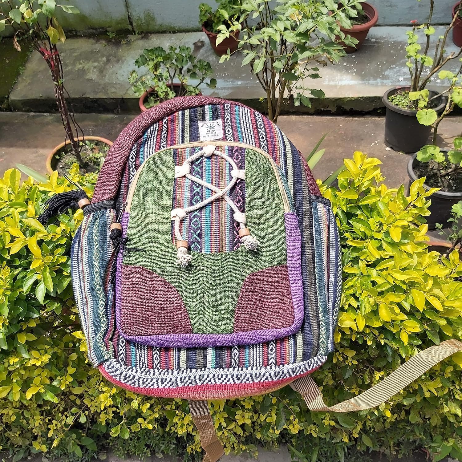 Himalayan Hemp bag, Traditional Striped Pattern, Multi-Compartment Travel bagpack, Green and Multi-Color