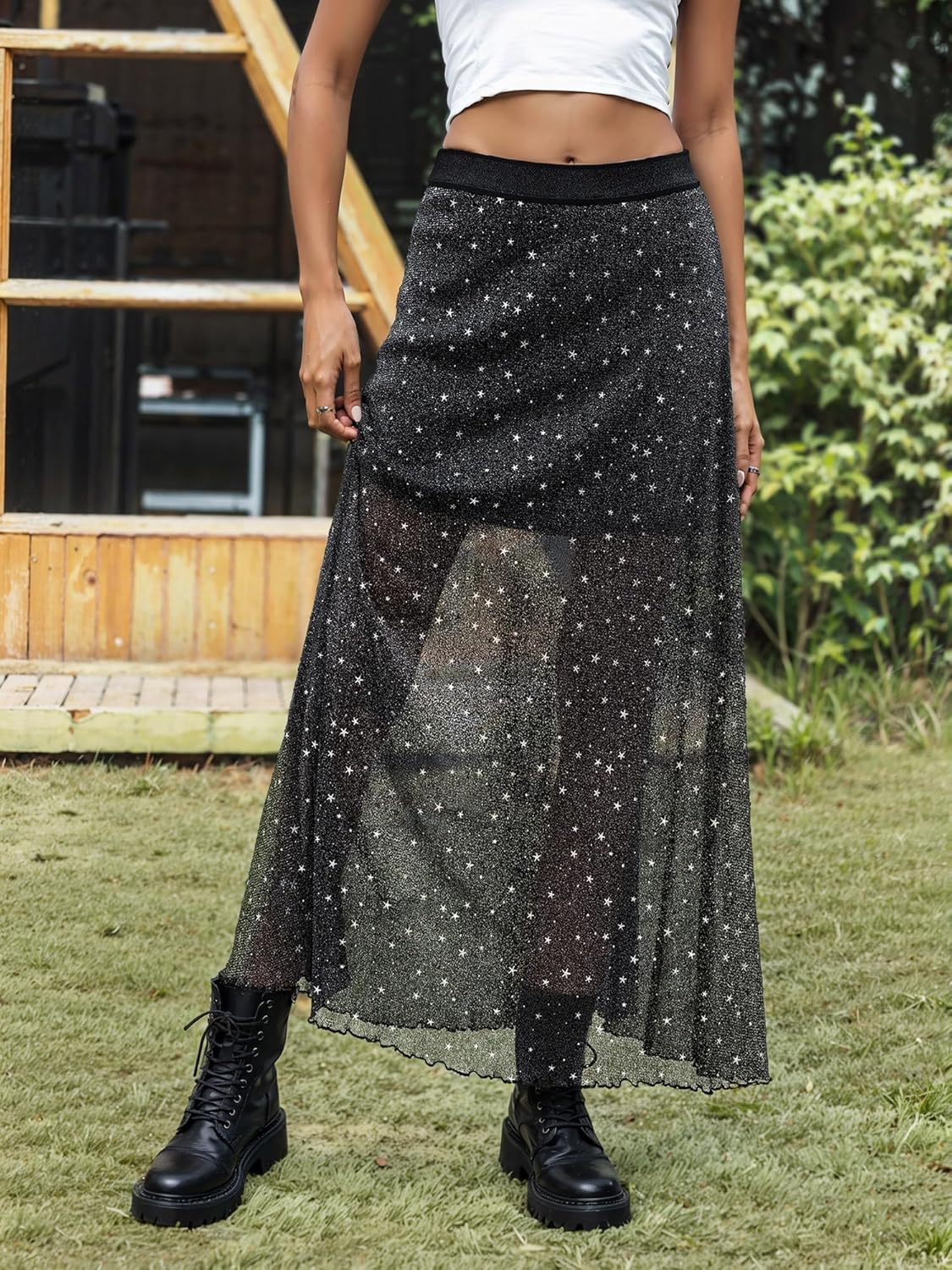 Ezcosplay Women Sheer Mesh Glitter Maxi Skirt Elastic High Waisted A Line Party Clubwear Skirts Rave Outfits - Image 2