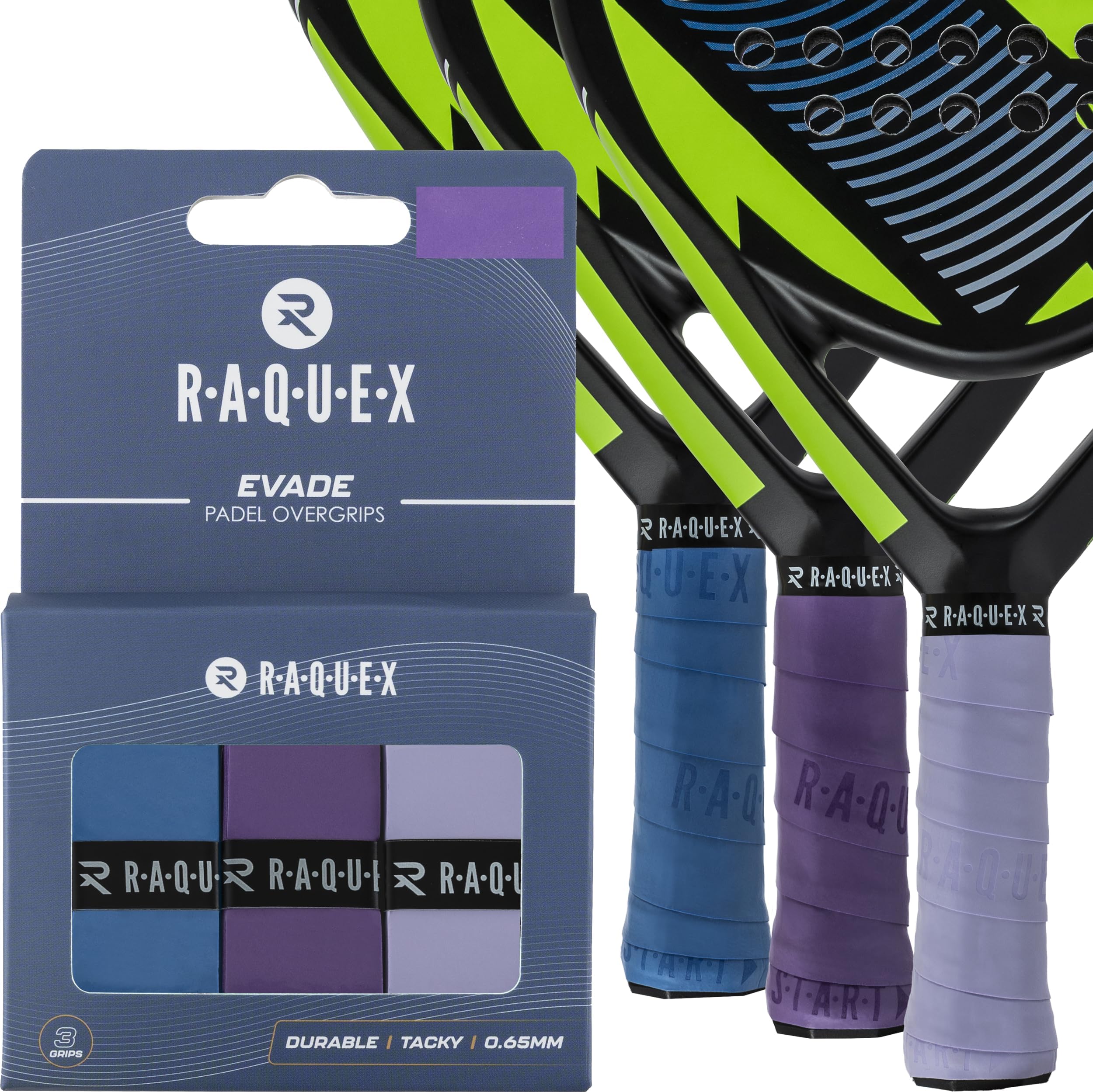 Raquex Evade Padel Racket Overgrip – 10 Colours - 3 Pack Padel Ball or Pickleball Racquet Tape, 0.65mm Thickness – Absorbent, Slightly Tacky Anti Slip Over Grip