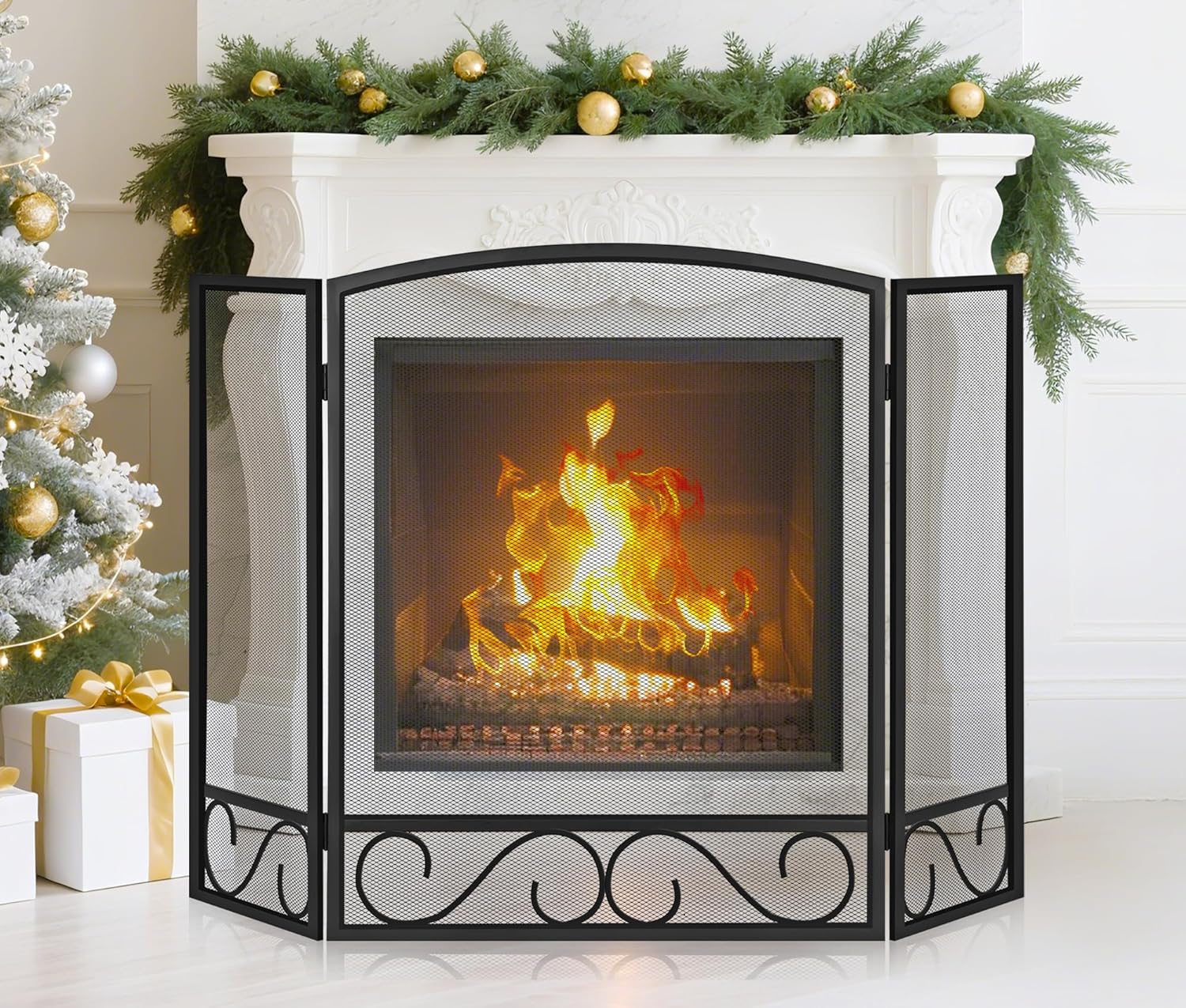 FEED GARDEN 3 Panel Fireplace Screen Wrought Iron 48" W x 29" H Foldable Heavy Duty Fire Spark Guard Cover with Metal Decorative Mesh for Living Room, Home Decor Indoor, Black