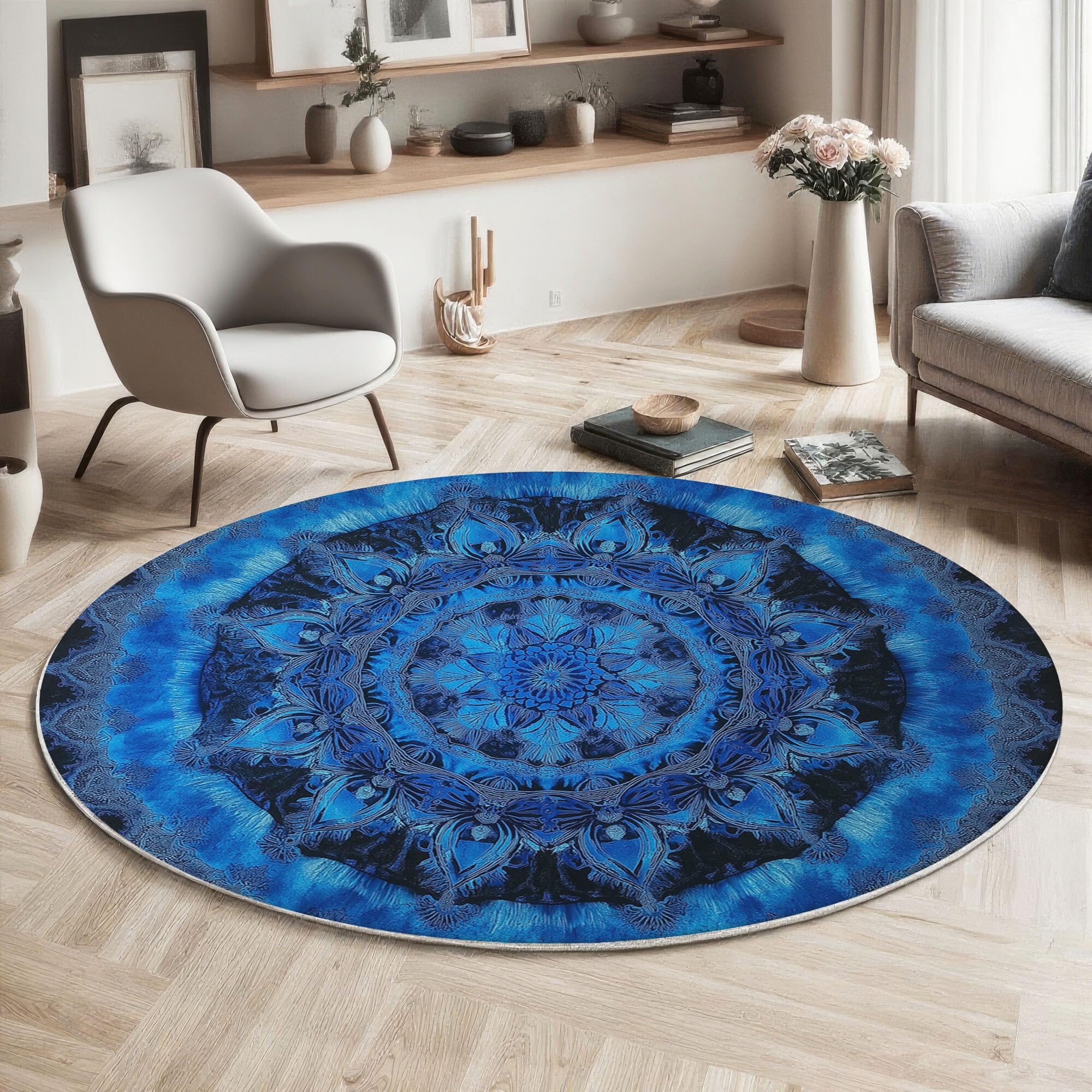 Tapis Rond à Poils Ras Mandala Antidérapant Lavable Tapis de Sol Style Tie-Dye Moquette Décoration pour Salon Chambre Canapé Descente de lit, 180cm, Indigo