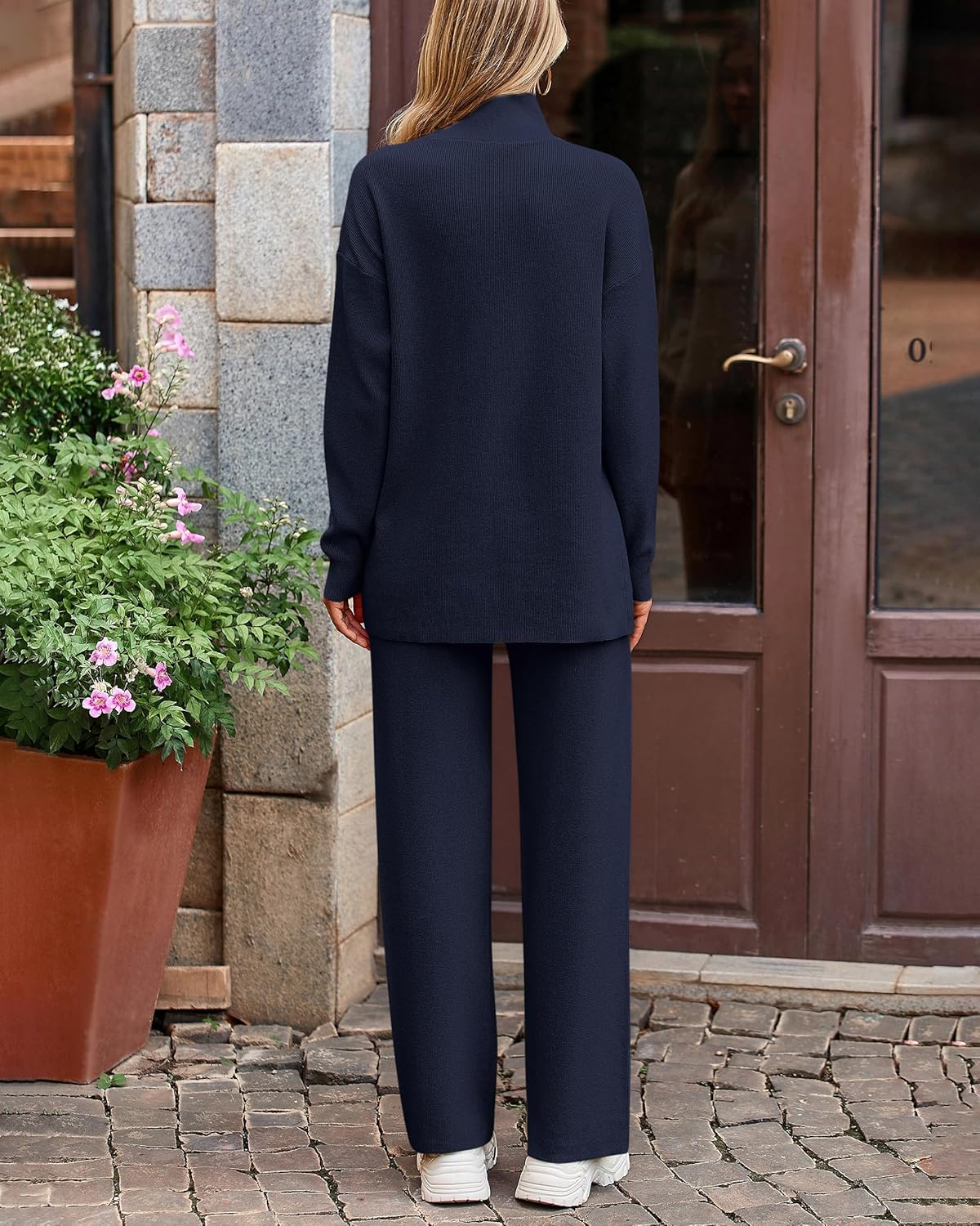 dowerme Women Spring 2 Piece Outfits 2026 Winter High Neck Sweater Sets Drawstring Wide Leg Pant Chunky Knit Lounge Set - Image 5