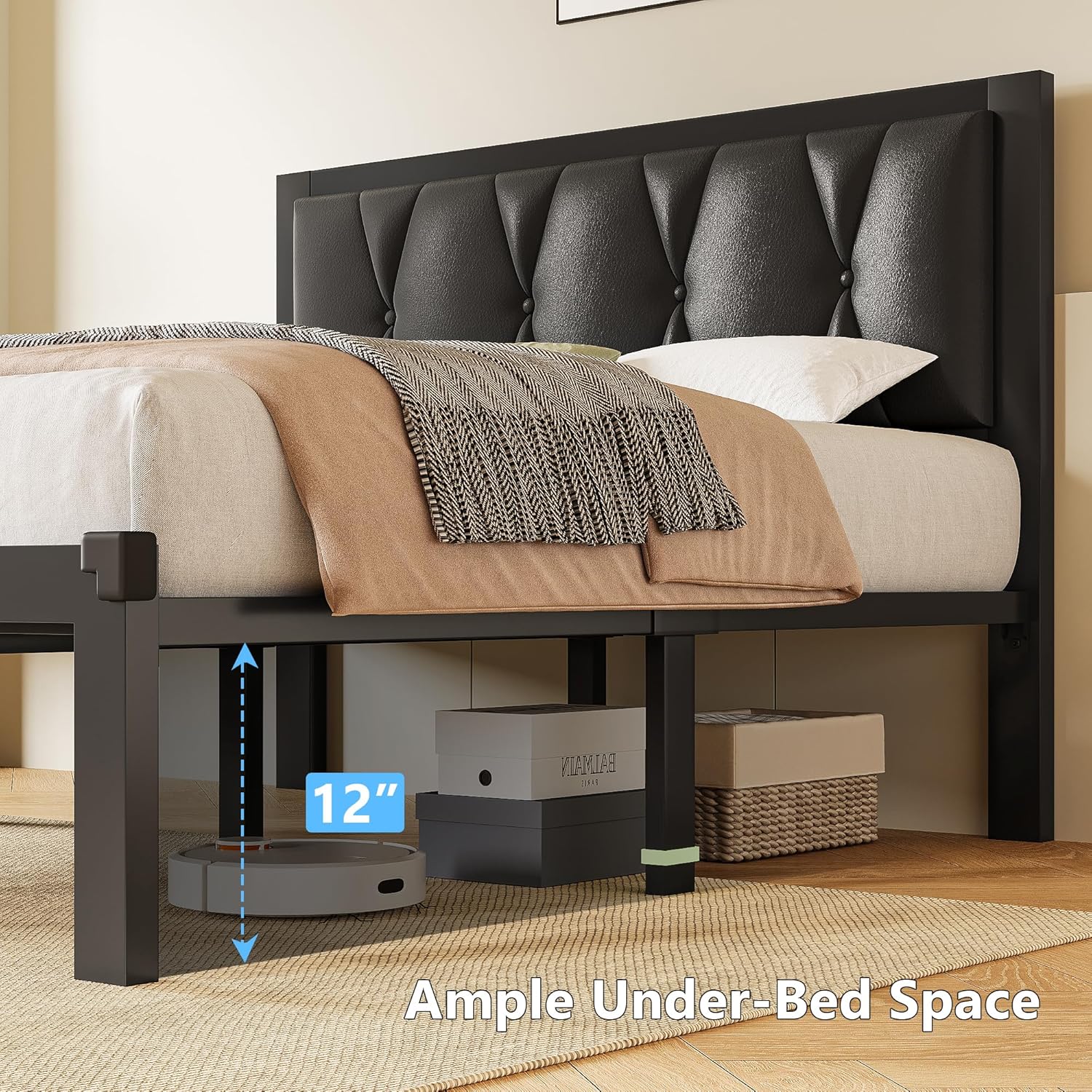 Bed frame showing 12-inch under-bed storage space