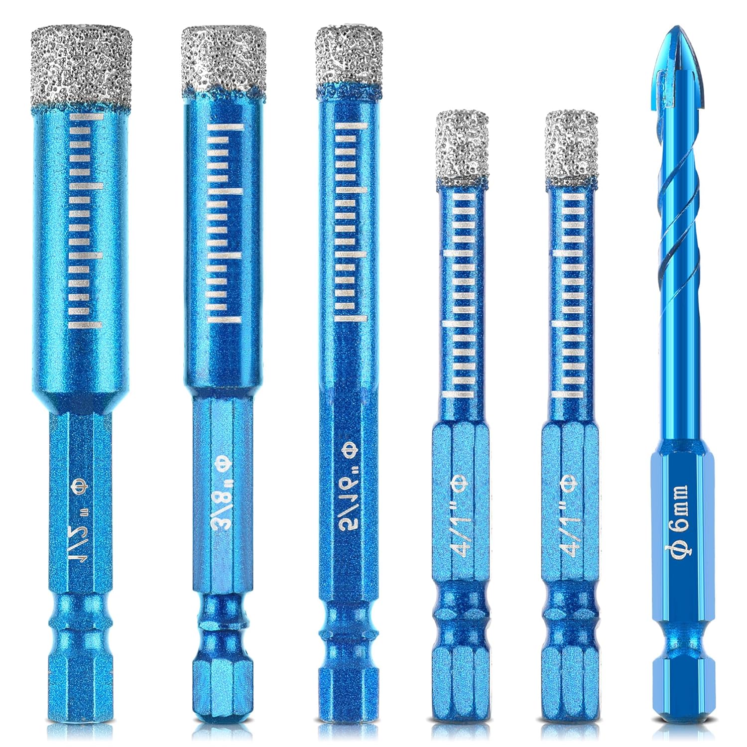 6Pcs Diamond Drill Bits for Ceramic, Porcelain, Ceramic, Tile, Glass, Granite, Concrete, Masonry, Stone, 1/4"(x2) +1/2"+3/8"+5/16" Tile Drill Bits Set, Integrated Coolant for Fast Dry Drilling