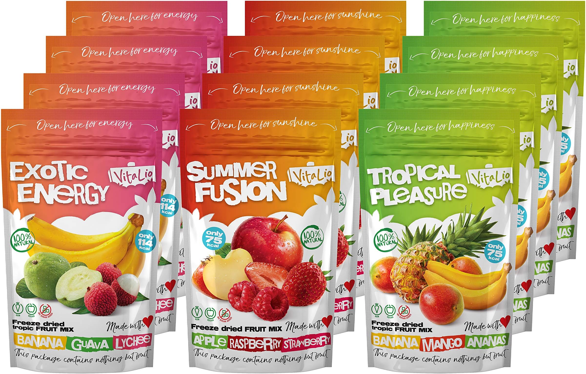 Freeze-Dried Fruit Mix by VitaLio (12x20g) – 4 x Summer Fusion, 4 x Tropical Pleasure, 4 x Exotic Energy – Healthy Fruit Snacks – No Additives – Rich in Nutrients, Vitamins – Low Calories