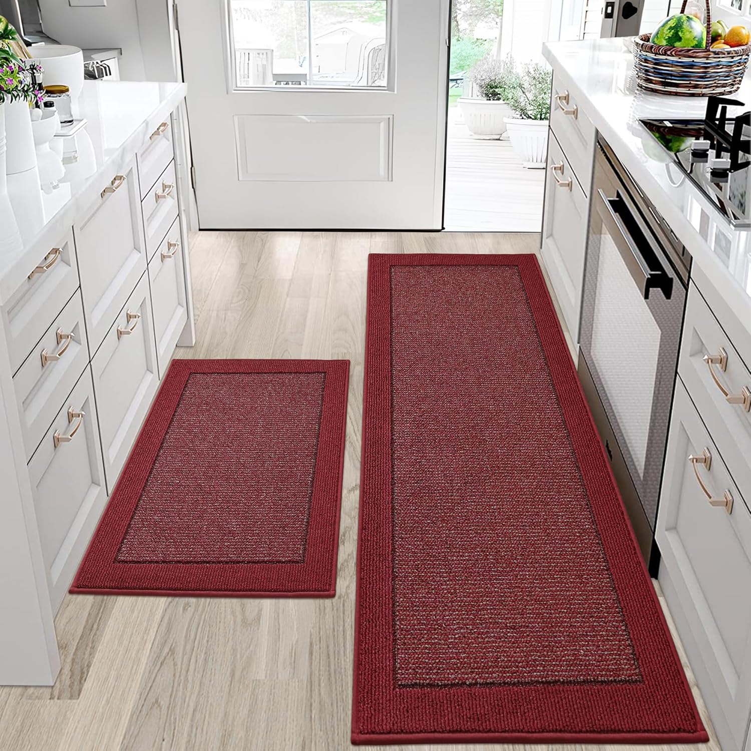 BEQHAUSE Kitchen Rugs and Mats Set of 2 Non-Slip Kitchen Mats for Floor, Absorbent and Stain Resistant Kitchen Runner, Machine Washable Rugs for Kitchen, Laundry & Sink, 24"x36"+24"x60", Red 24"x36"+24"x60" Red