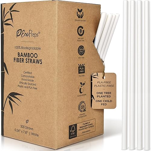 EcoPreps Pajitas de fibra de bambú biodegradables  300 unidades, 100% compostables, sin plástico, popotes ecológicos  Pajitas desechables de fibra