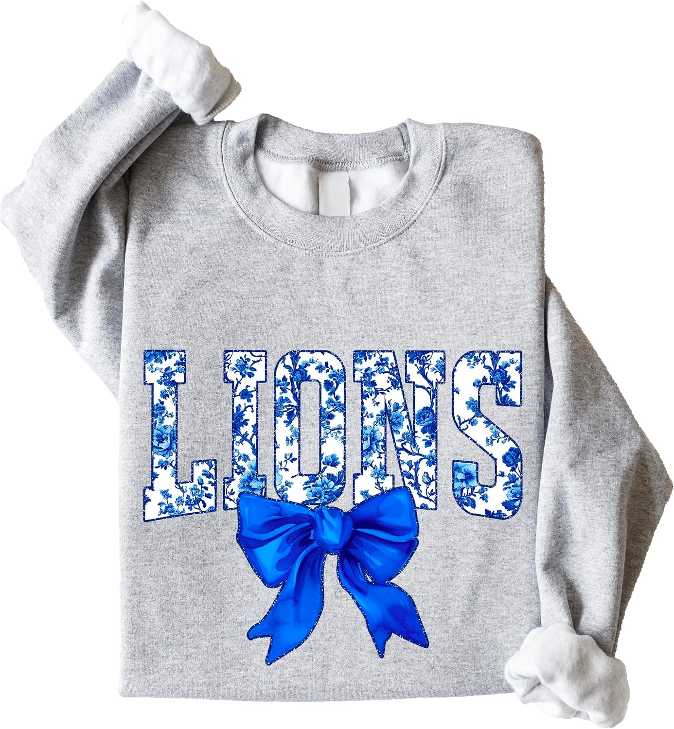 Olive Loves Apple Floral Lions Team Sweatshirt for Women, Teens & Kids Blue Coquette Bow Sports Team Sweater