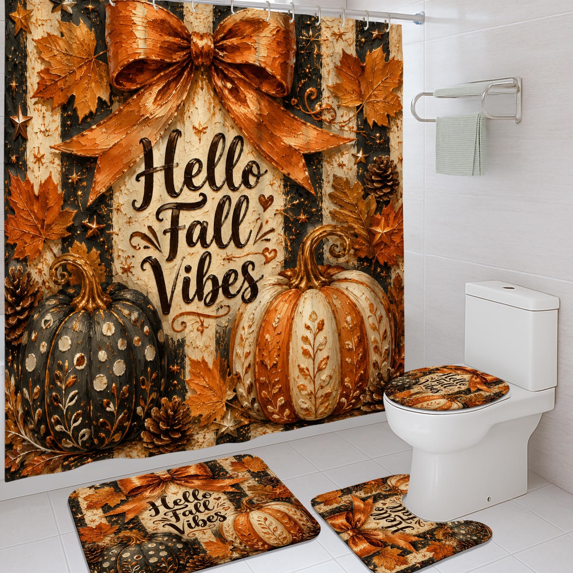 Rideau de douche imperméable orange en toile polyester motif citrouilles pour salle d'eau