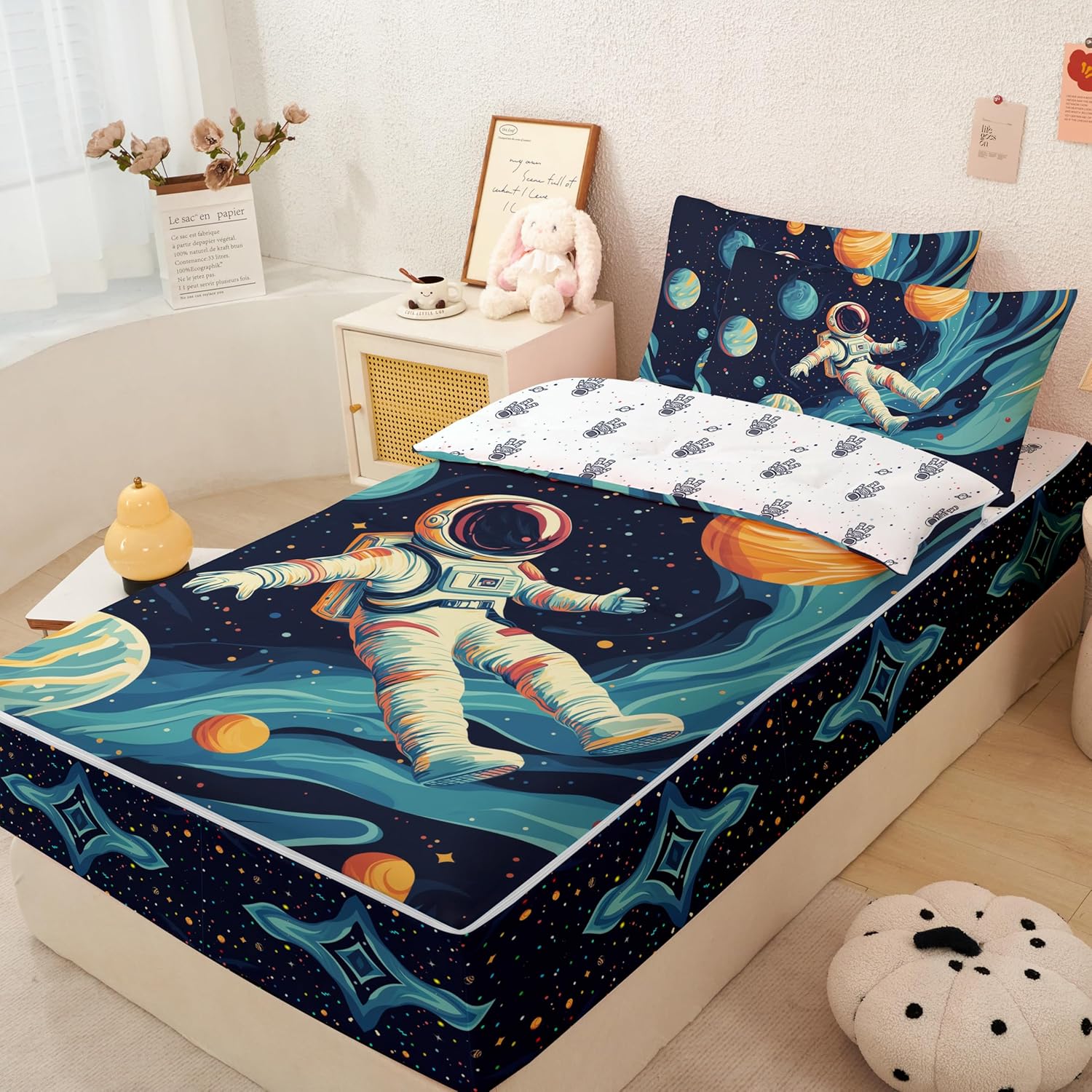 Space Astronaut Printed Zipper Bedding Sets Twin for Kids Girls Lightweight Microfiber Cute Astronaut Comforter Set with Fitted Sheet Pillow Covers,Blue Color,All Season Use