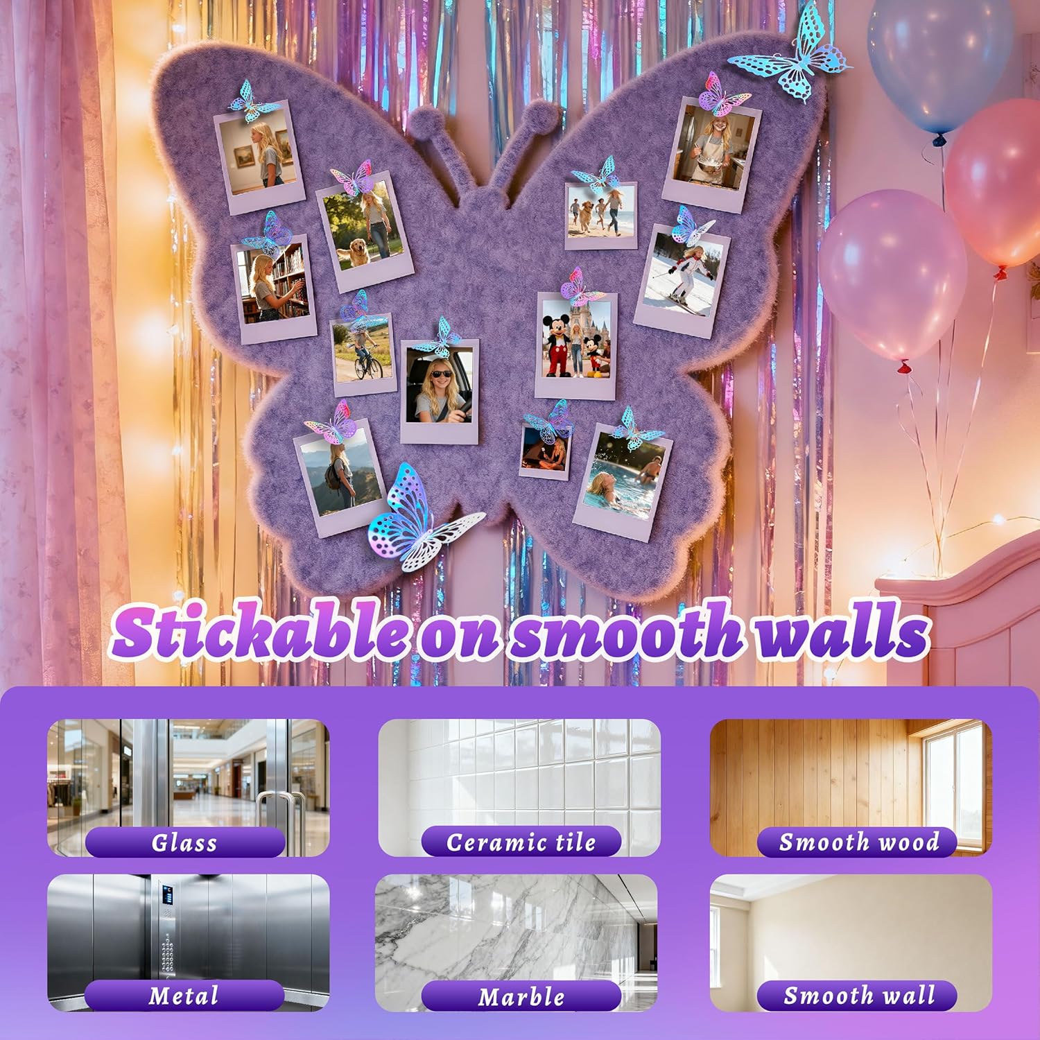 BTSD-home 48 Pcs Iridescent 3D Butterfly Wall Decor Iridescent Party Decorations for Bedroom Nursery Removable Holographic Butterfly Wall Stickers for Birthday Wedding Gift Box Cake