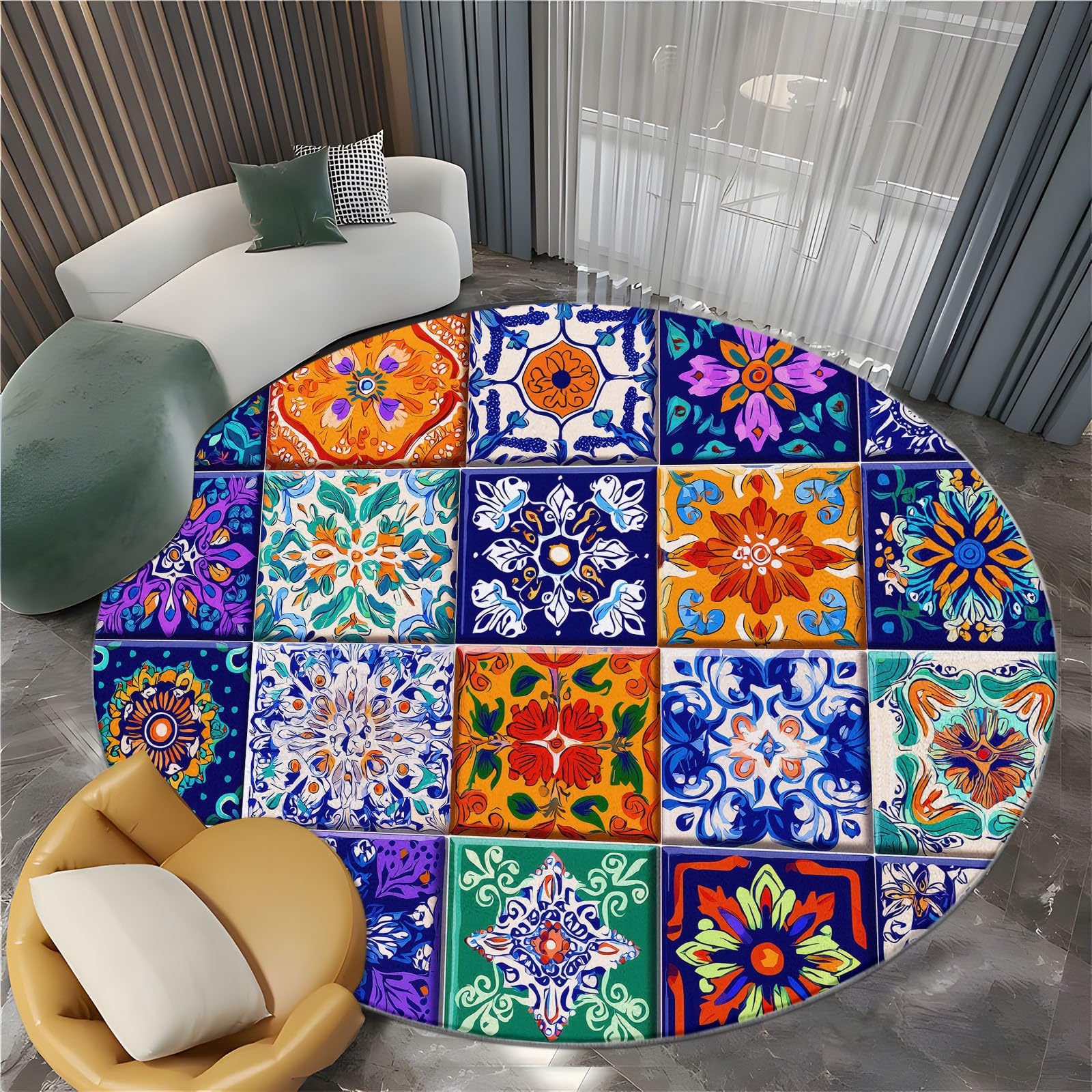 Styl boho geometryczna mozaika, luksusowy miękki okrągły dywan, dywany, miękki, krótki runo, antypoślizgowy, okrągły dywan, nie gubi włosia, do sypialni, salonu, jadalni, kuchni, 150 cm