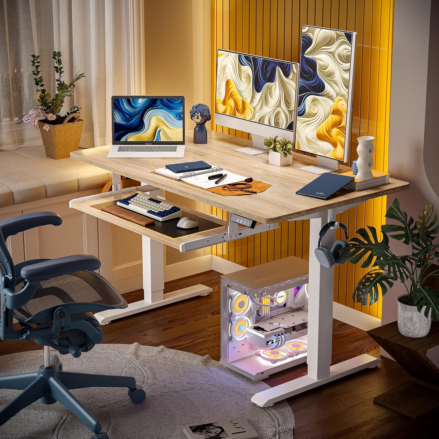 TIQLAB Standing Desk with Keyboard Tray, 47 × 24 Inches Electric Height Adjustable, Sit Stand Up Table, Maple