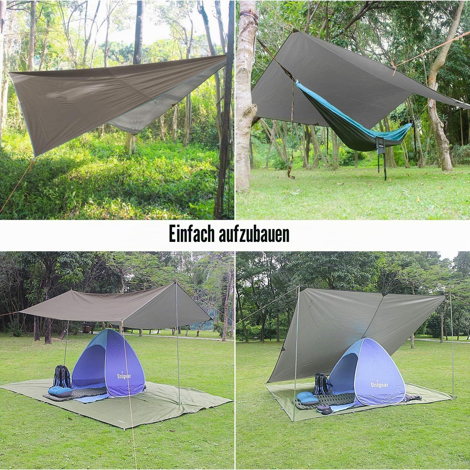 Unigear Tarp 3x3 3x4 3x5 4x4 wasserdicht, Zeltplane für Hängematte mit Ösen + 6/8 Erdnägel + 6/8 Seilen, Regenschutz Sonnenschutz kompakt für Ourdoor Camping Wandern Hängematte