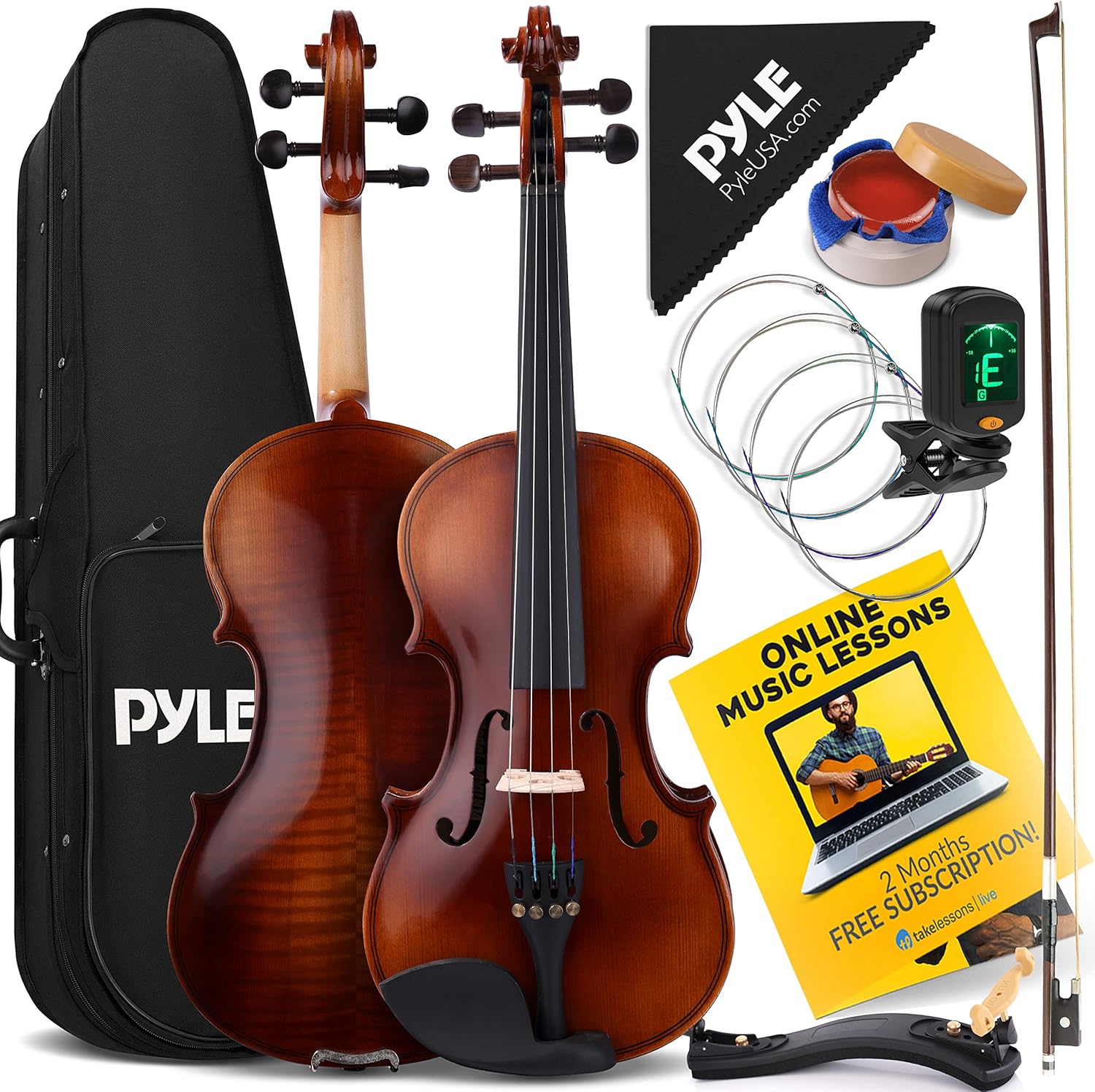 Pyle 1/4 Size Beginner Violin Starter Kit, Violin Starter Package with Travel Case & Bow, Extra Strings, Digital Tuner, Shoulder Rest & Cleaning Cloth for Students, Kids, Adults a) 1/4 Size