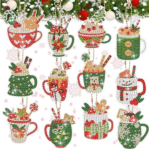 Miniatura 1 de 12 llaveros de pintura de diamante de Navidad con cacao caliente, diamantes de imitación de chocolate caliente 5D, adornos de diamantes de doble