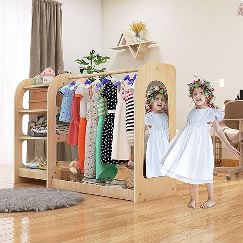 Kids Dress Up Storage with Mirror, Wooden Kids Dress Up Rack for Little Girls and Boys, Kid Wardrobe Closet with Storage Shelf