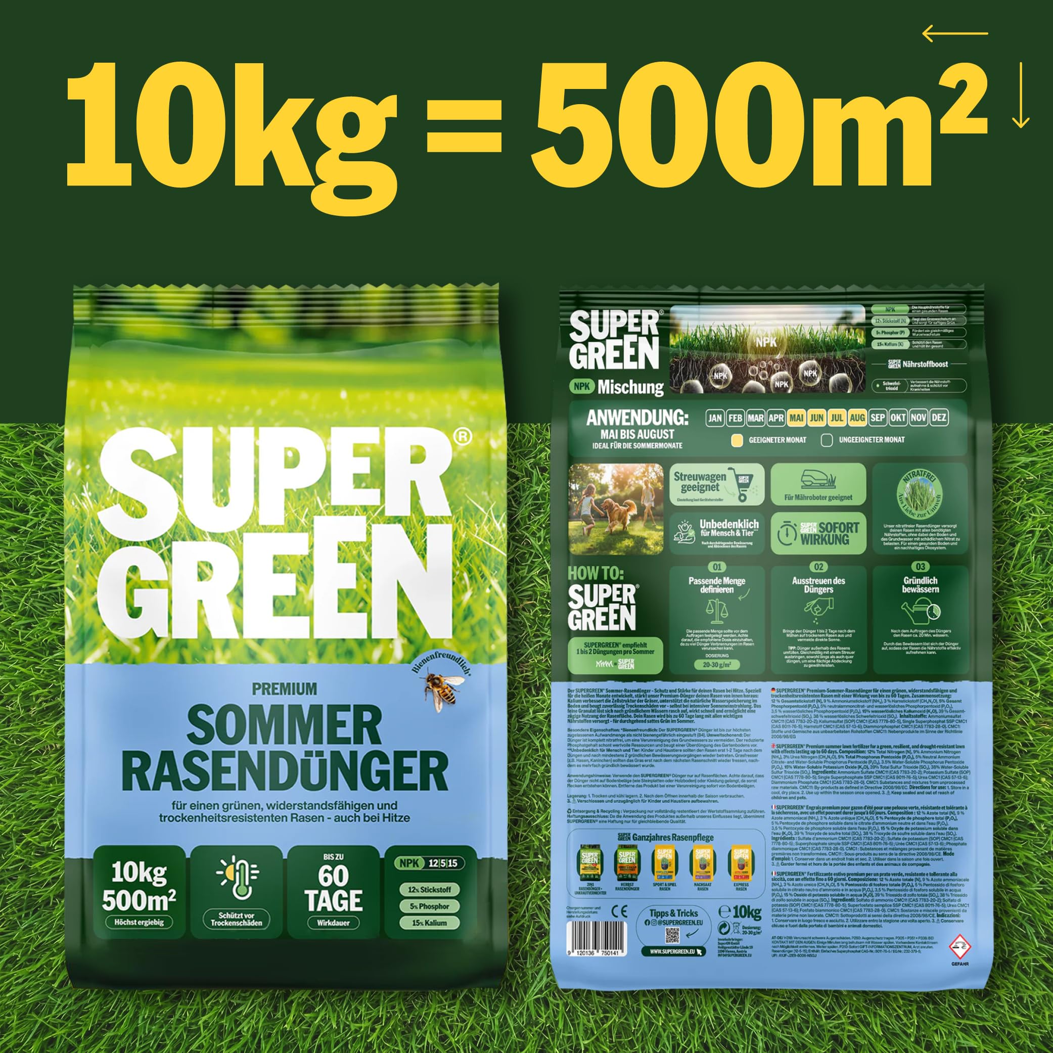 SUPERGREEN Sommer-Rasendünger Langzeitformel 10kg NPK 12-5-15 Granulat 2-5 mm