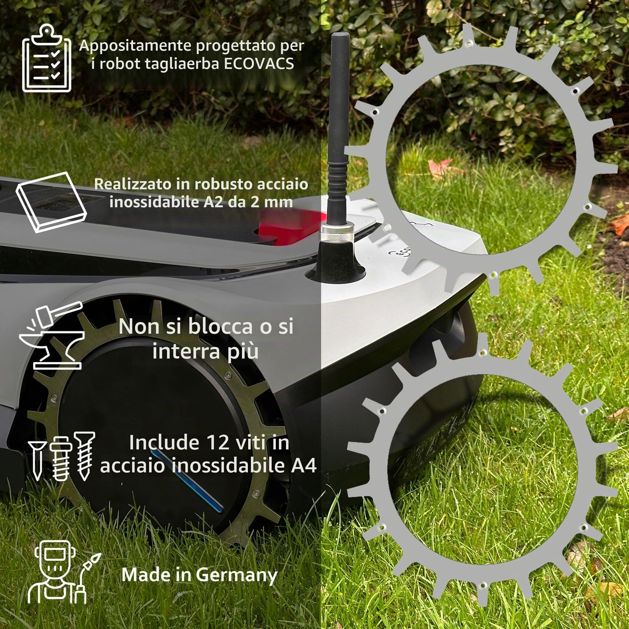 Punte per Ecovacs Goat – Acciaio inossidabile – fori per viti abbassati – 12 viti in acciaio inox – Miglioramento della trazione per robot tosaerba – Tagliaerba robot diametro esterno 235 mm