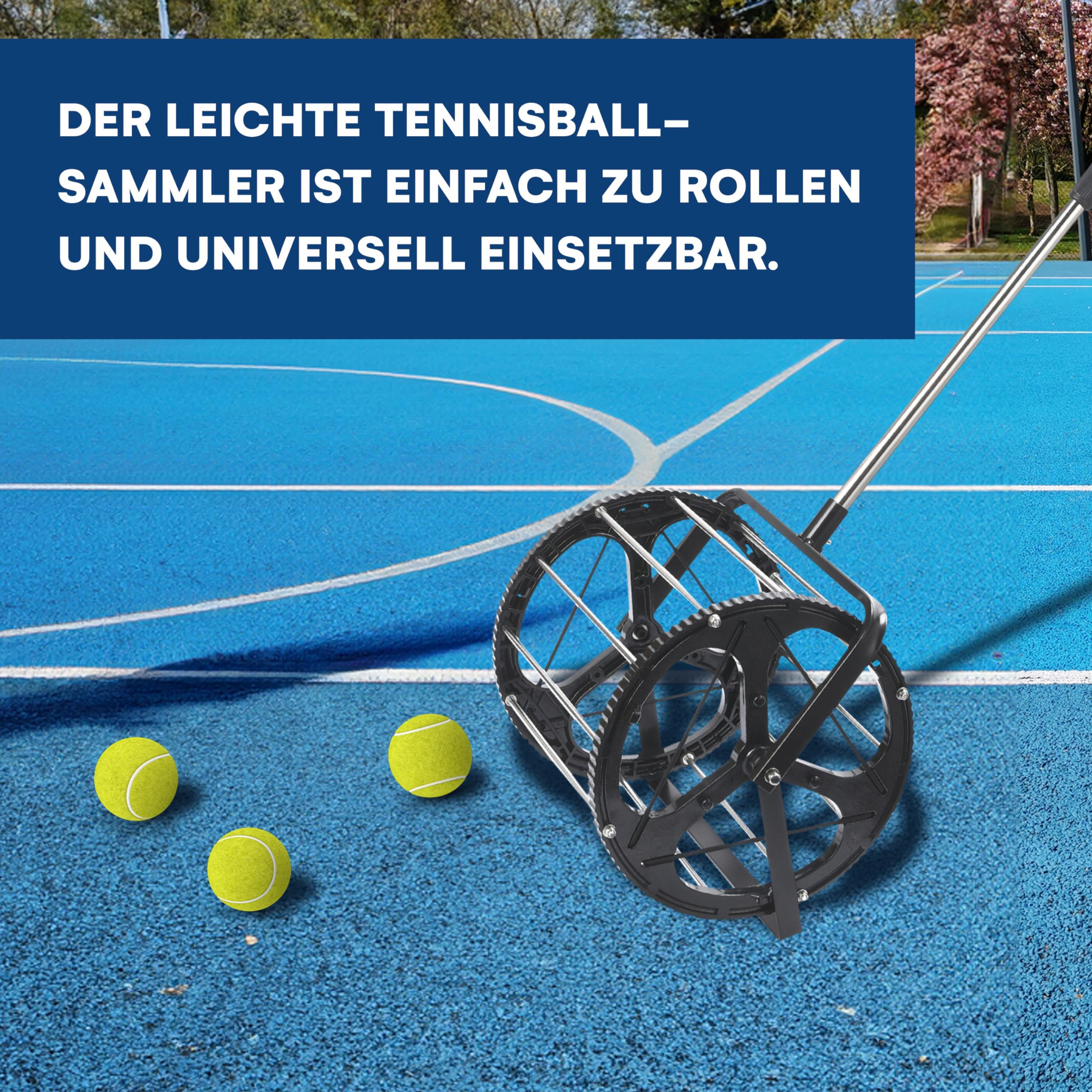 Effekt Manufaktur Rouleau de balle de tennis - Capacité de 50 balles - Barre télescopique réglable en métal - Convient pour toutes les surfaces - Noir avec poignée bleue - 34,2 x 109,5 cm