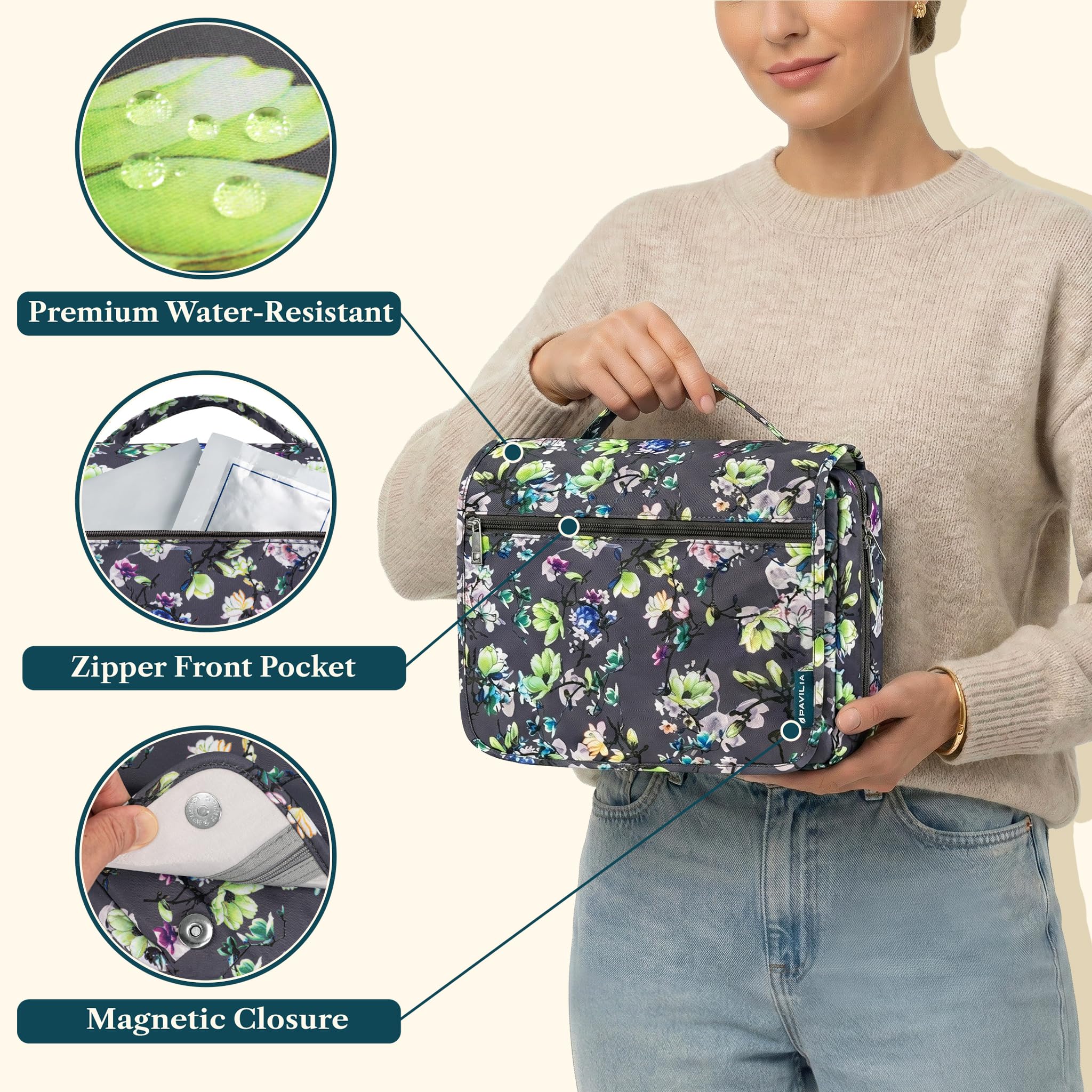 PAVILIA Neceser colgante para mujeres y hombres, organizador de cosméticos plegable, bolsa de viaje, bolsa de maquillaje resistente al agua, artículos de tocador, kit de artículos esenciales de viaje