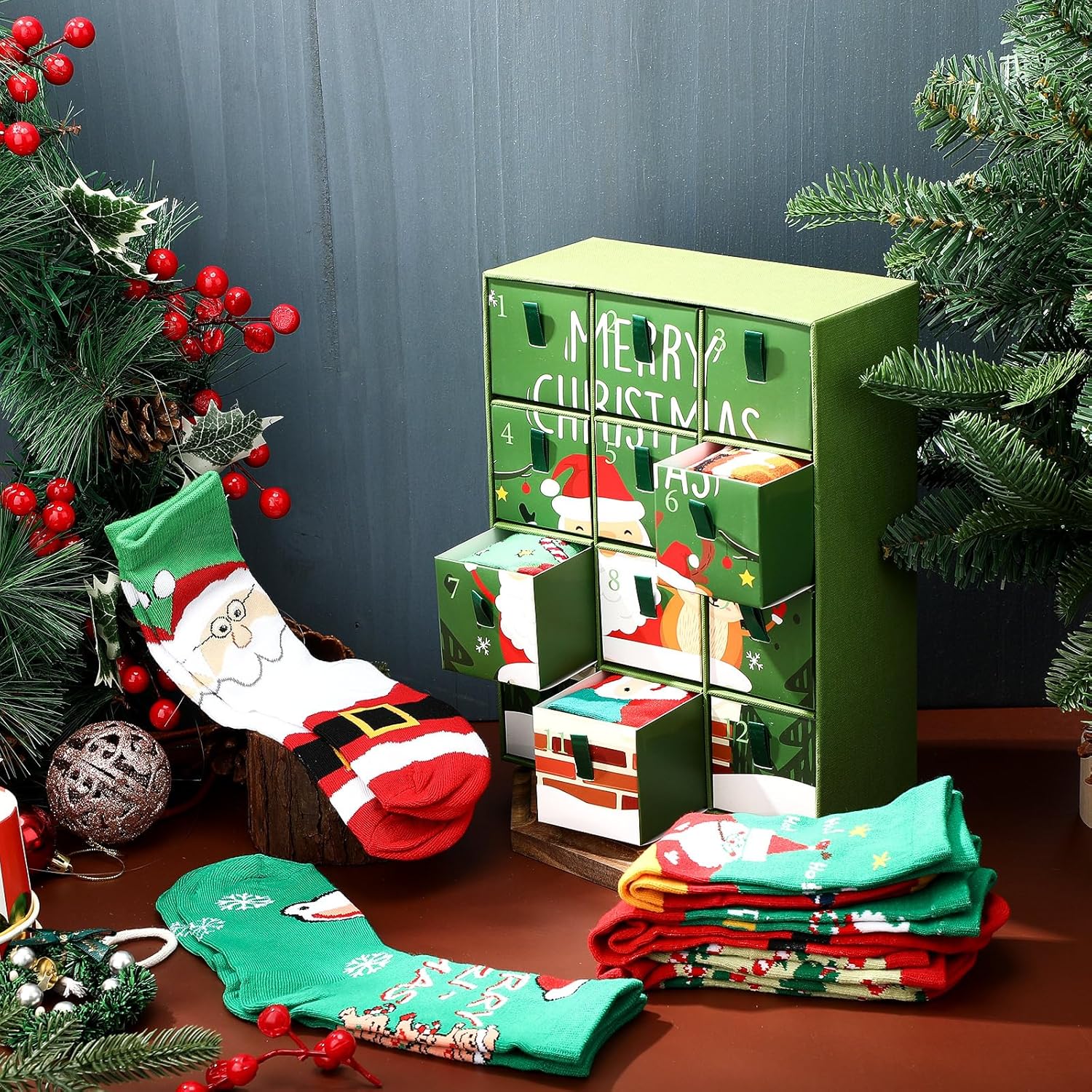 Jiuguva 12 Day Christmas Socks Advent Calendar 2025, 12 Pairs Christmas Sock Countdown Blind Gift Box for Men Women, Unisex Holiday Socks for Xmas Party Favors Stocking Stuffers(Santa and Reindeer) - Image 2