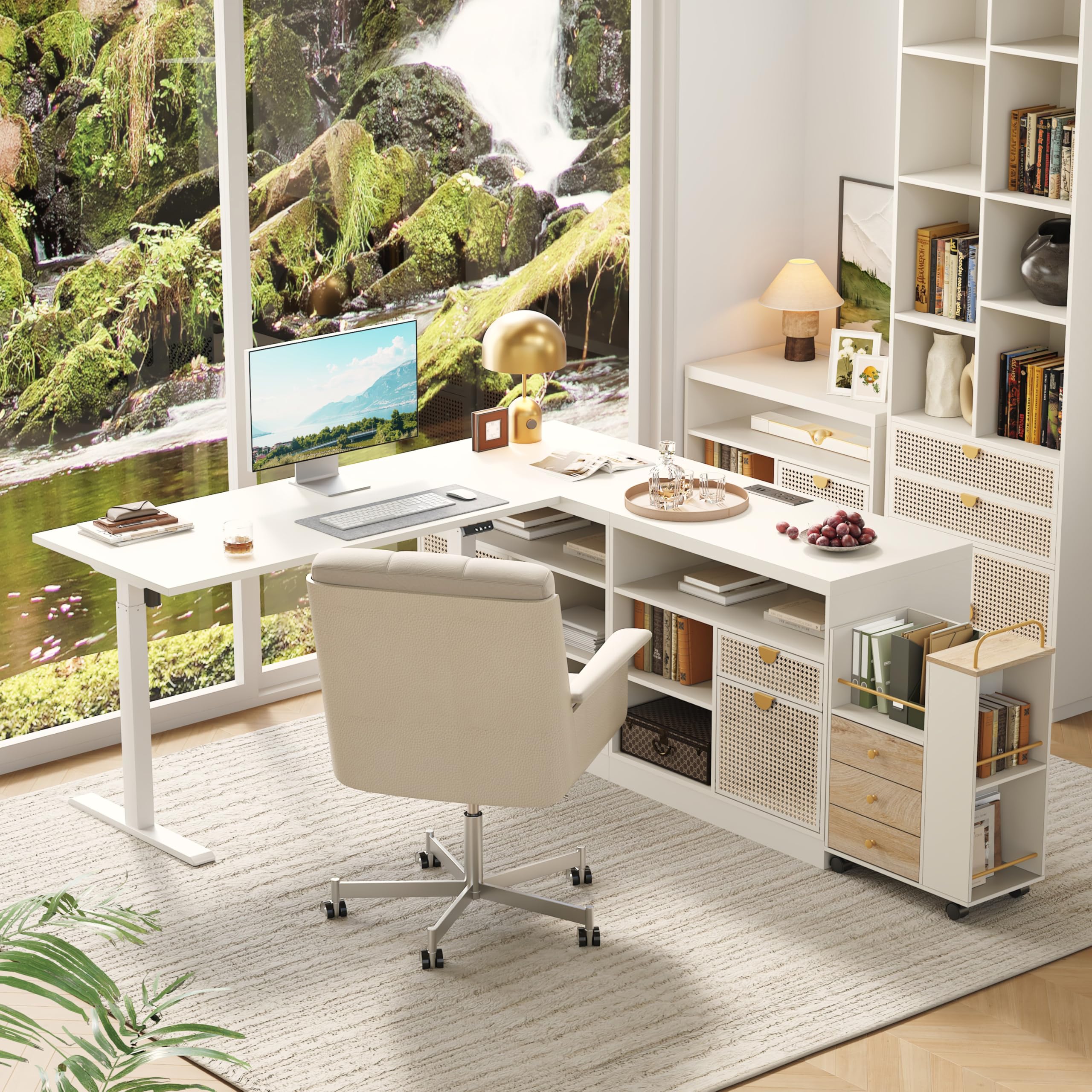 67 L-Shaped Electric Standing Desk with File Cabinet 1 18 Desktop Adjustable Height Executive Table Stand Up Desk