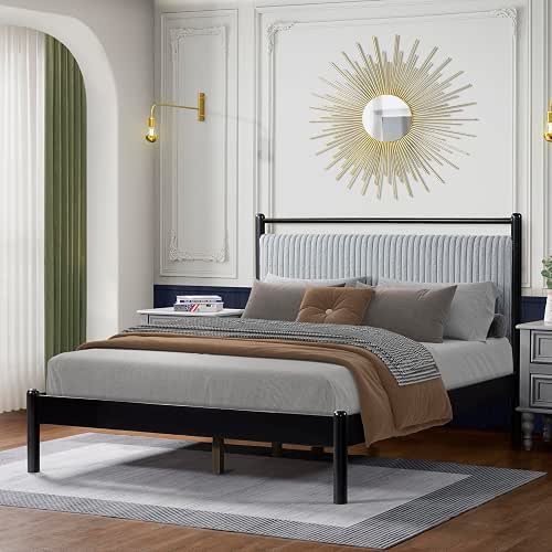Full Size Platform Bed Frame, Rubberwood Bed Frame with Polyester