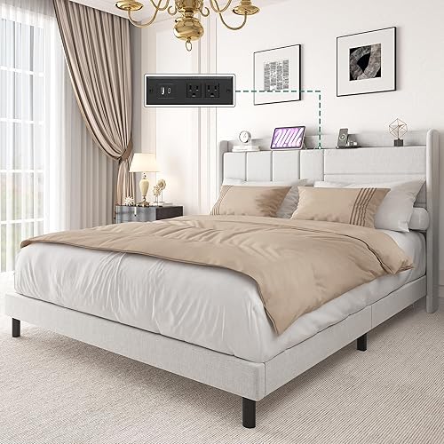 YITAHOME Queen Size Upholstered Bed Frame Bed Frame with Storage Headboard and Charging Station, Solid Wood Slats Support, No Box Spring Needed, Noise-Free, Beige