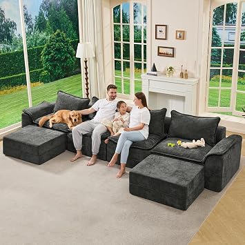 Hobestluk 152 Cloud Modular Sectional Couch 4-Seater Sofa with Ottomans U Shaped Couch Deep Seat Sofa with Removable Cover for Living Room (Dark Grey, 4-Seater Sofa with Two Ottomans)