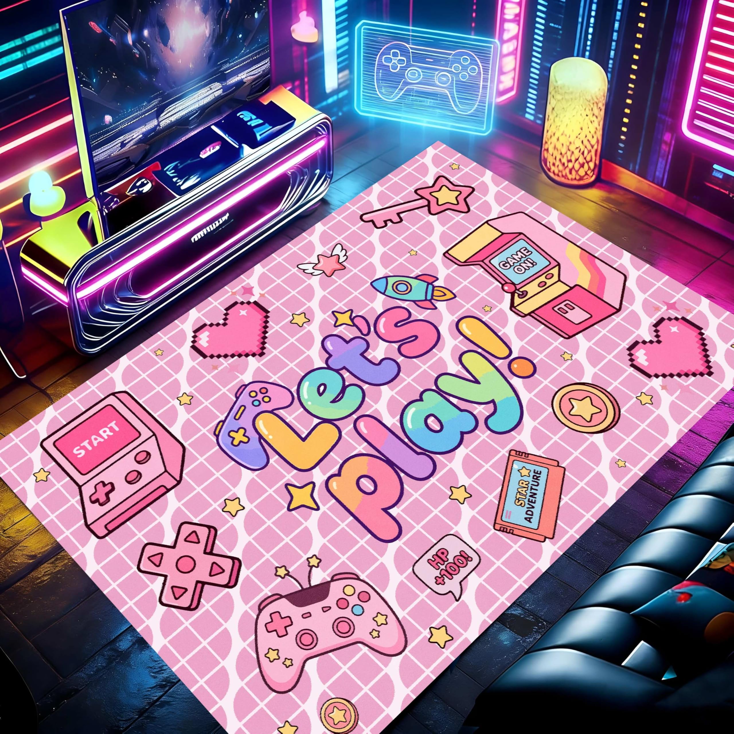 RICAUOU Pink Gaming Area Rug, 80x150cm Cute Game Controller Buttons Hearts Design – Non-Slip, Washable, Easy-To-Clean Gaming Carpet for Living Rooms, Bedrooms, Game Room Home Decor